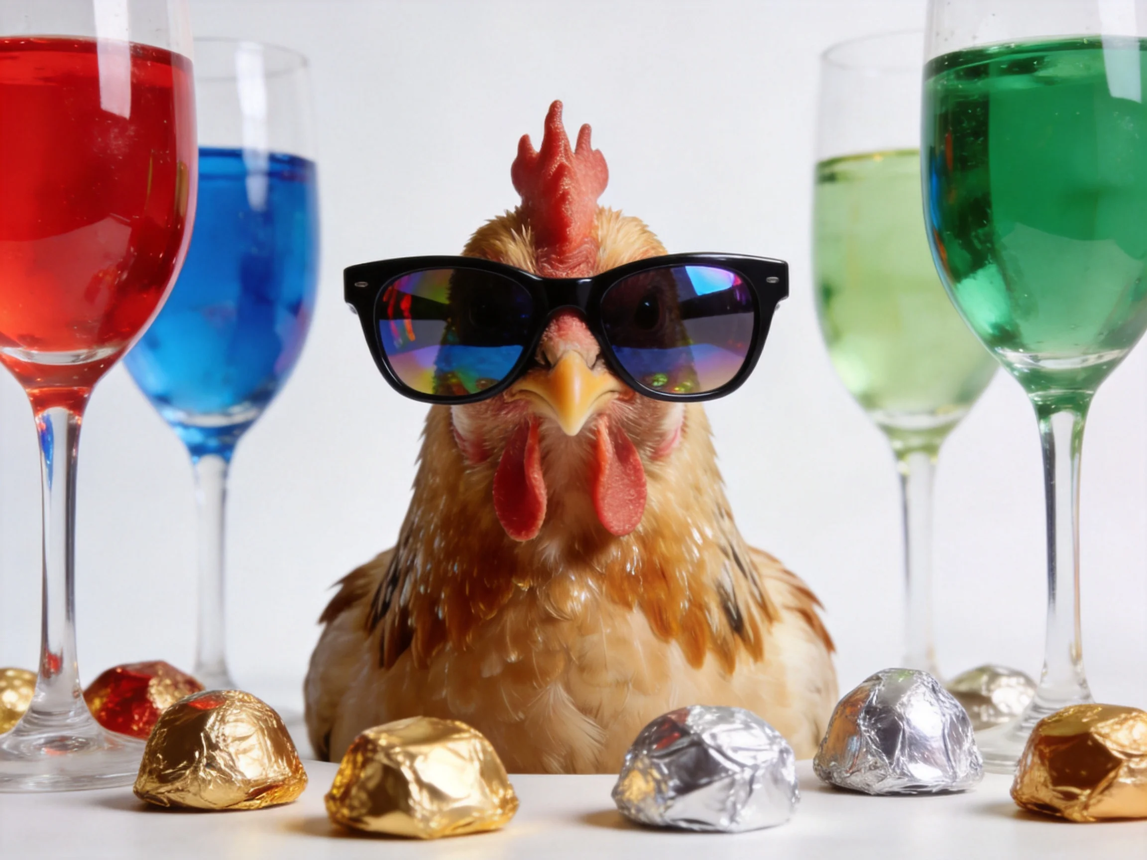 A chicken in sunglasses with colorful drinks and foil-wrapped items