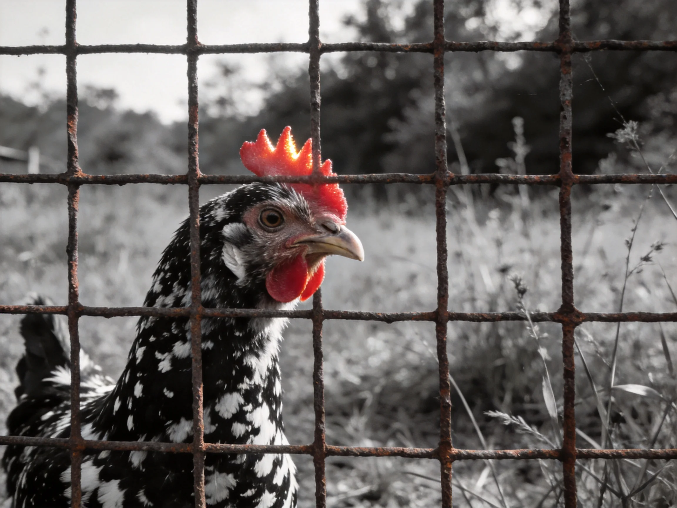 A chicken with vibrant red comb behind a rusted wire fence