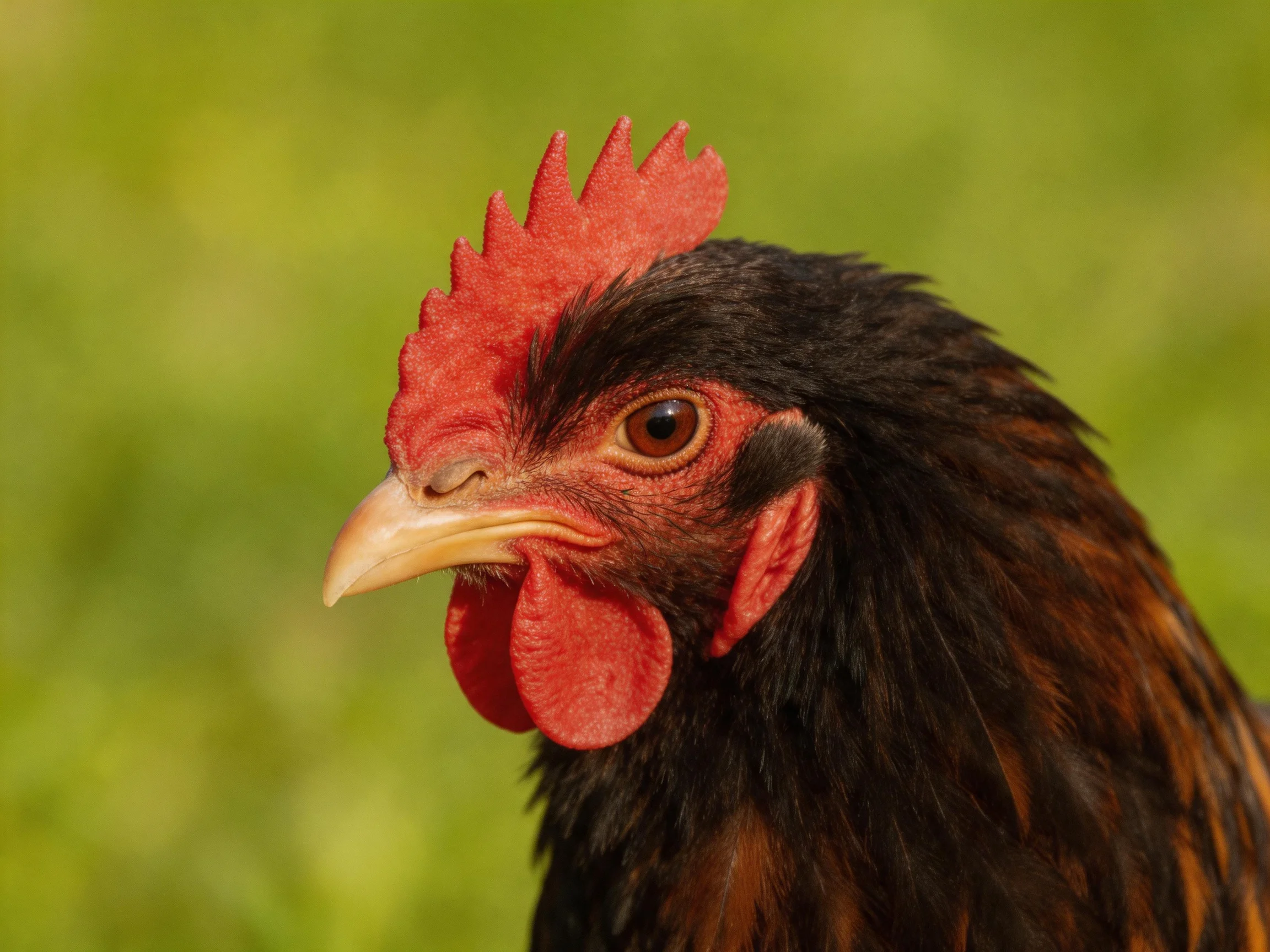 A chicken’s head with vivid red comb and dark brown feathers