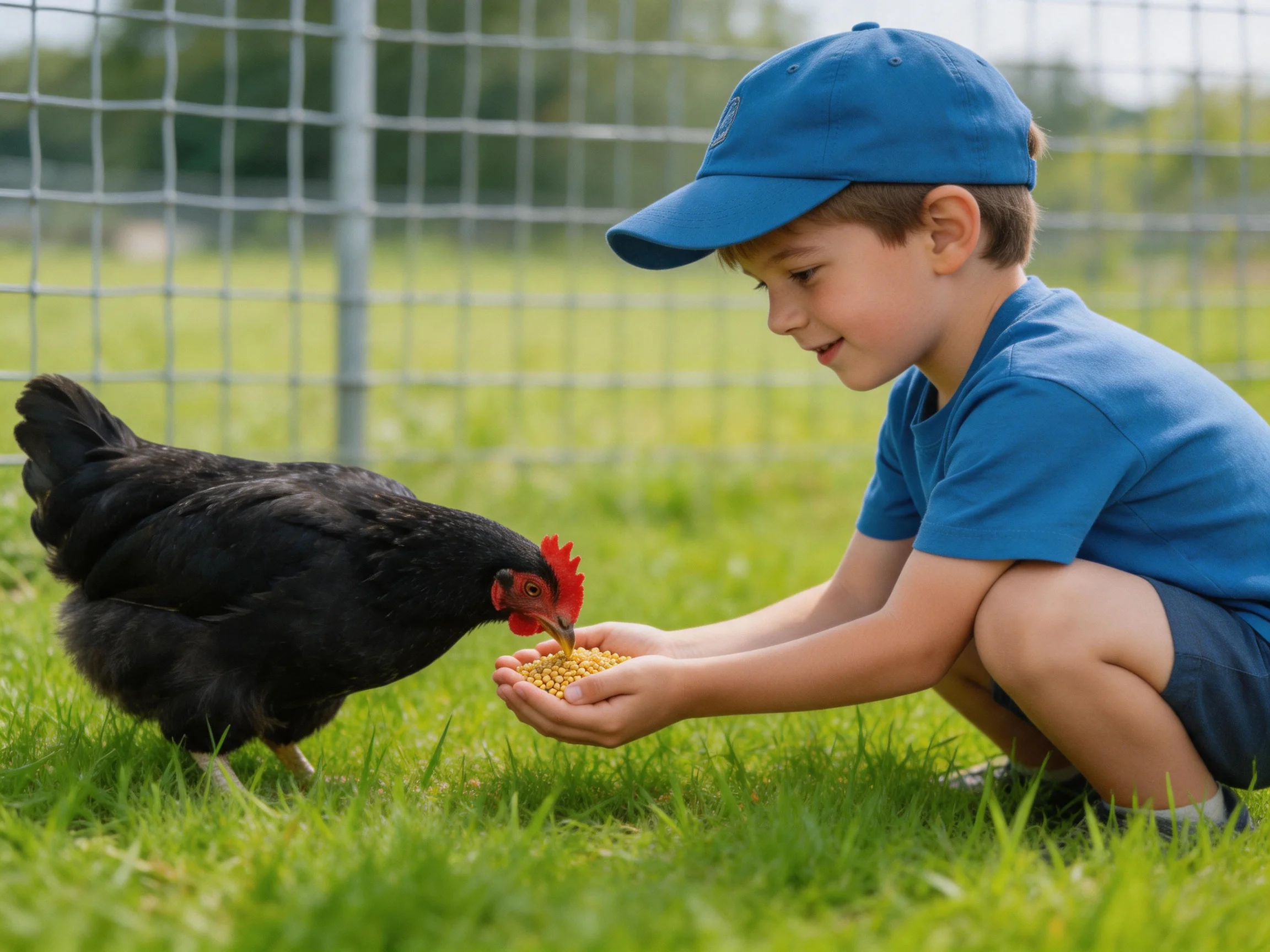 A child in blue clothing feeds a black chicken near a wire fence