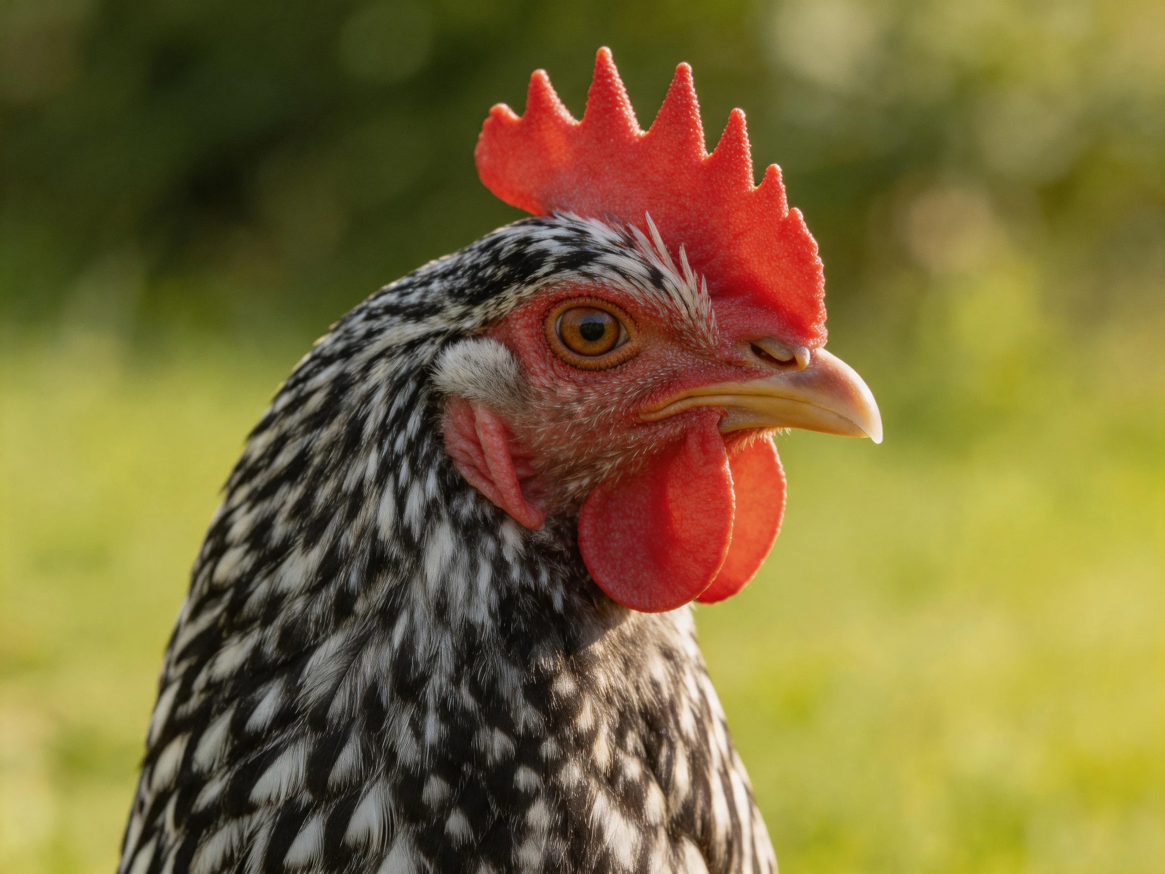 A close-up of a black and white speckled chicken featuring vibrant red comb and wattles