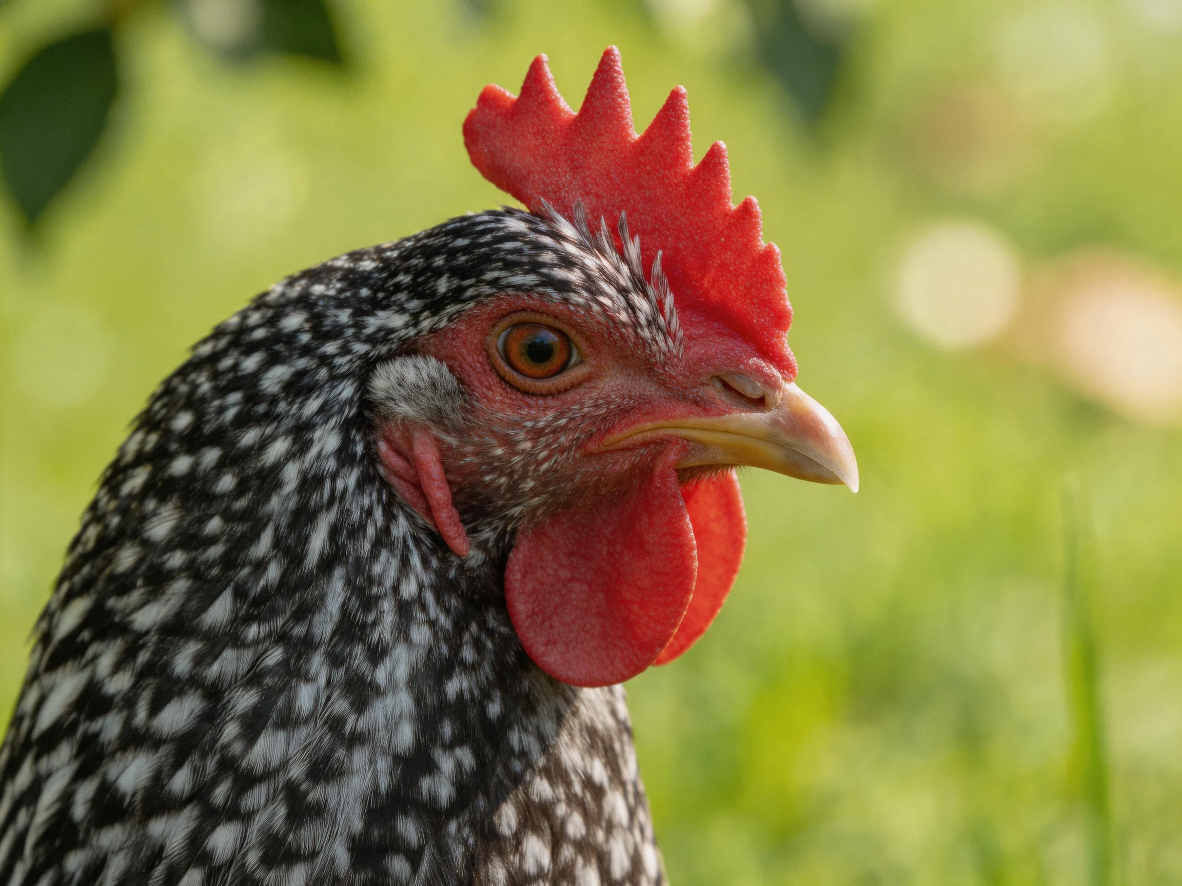A close-up of a black-and-white speckled hen with bright red comb
