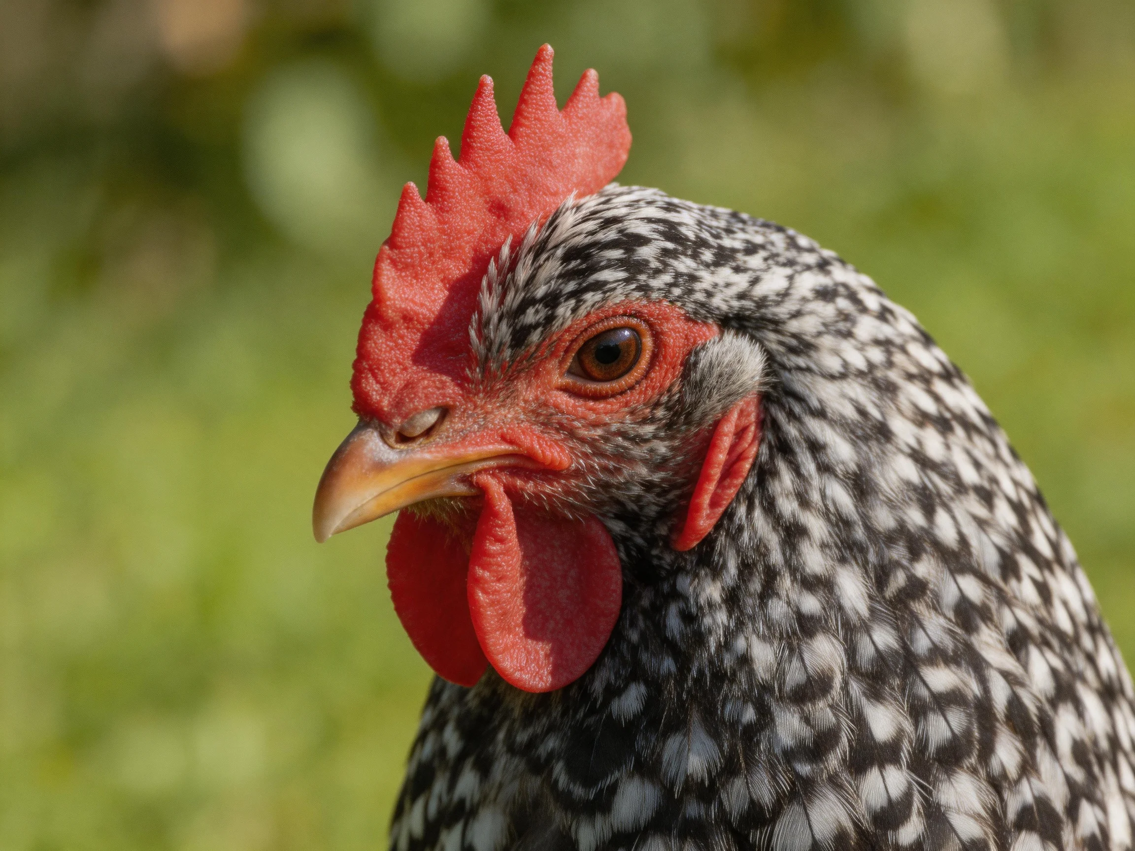 A close-up of a black-and-white speckled hen with bright red comb