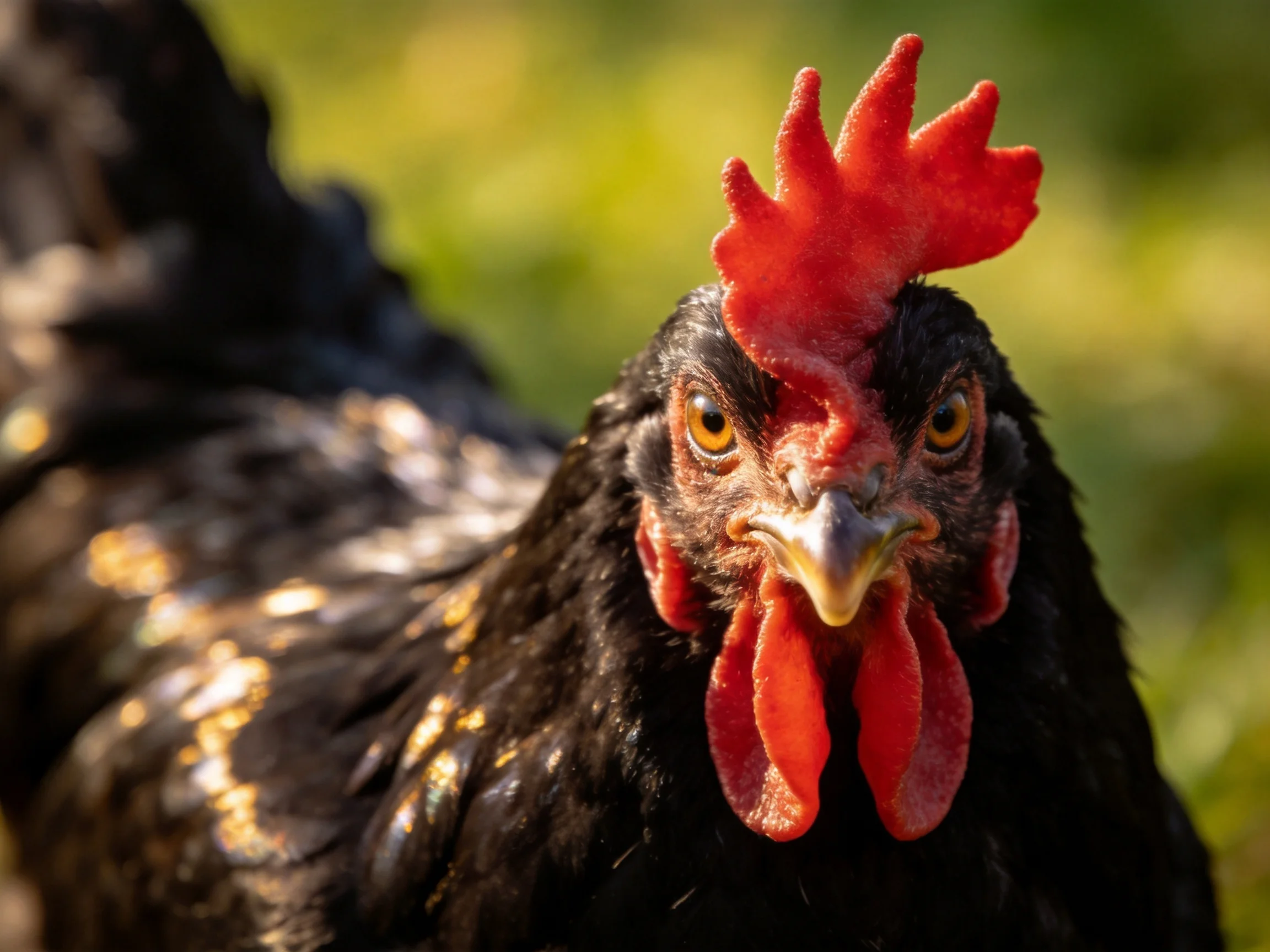 A close - up of a black chicken with golden feather patches and bright red comb
