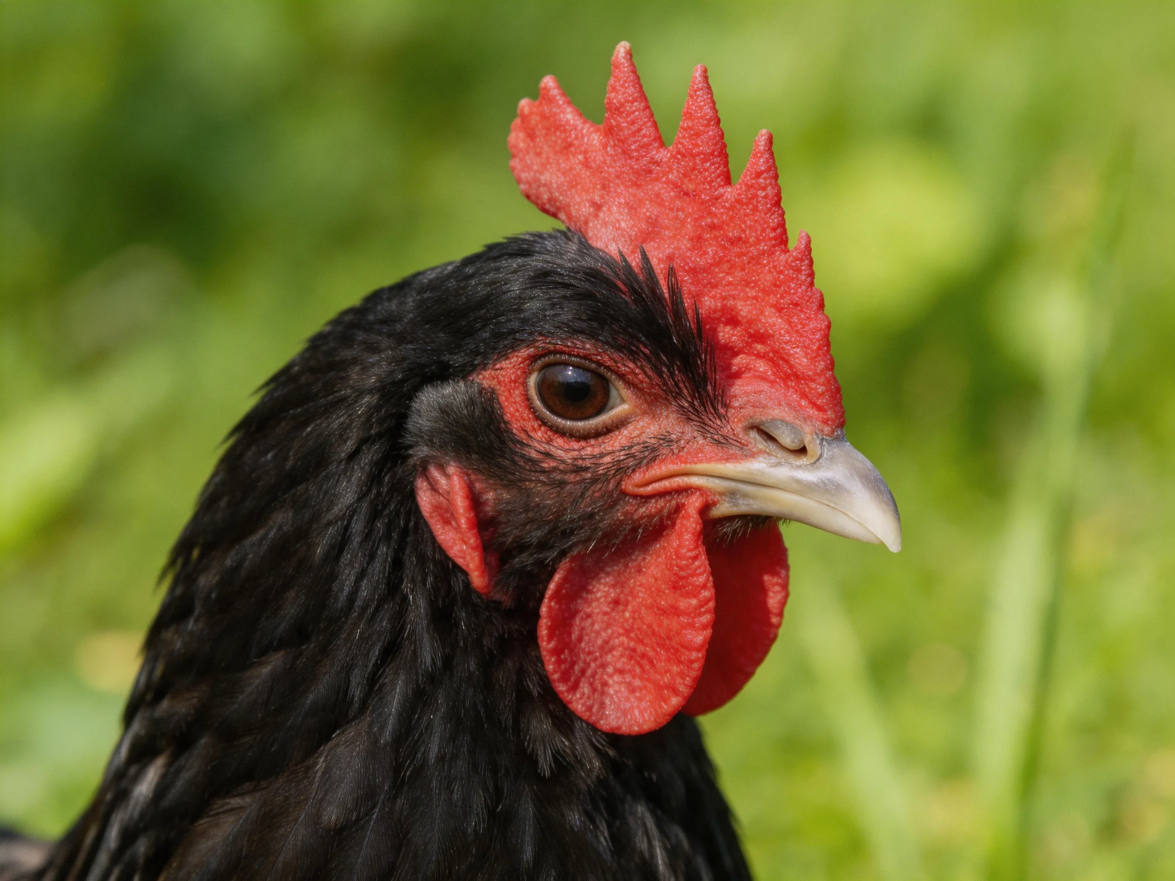A close-up of a black chicken with bold red facial features in an outdoor setting.
