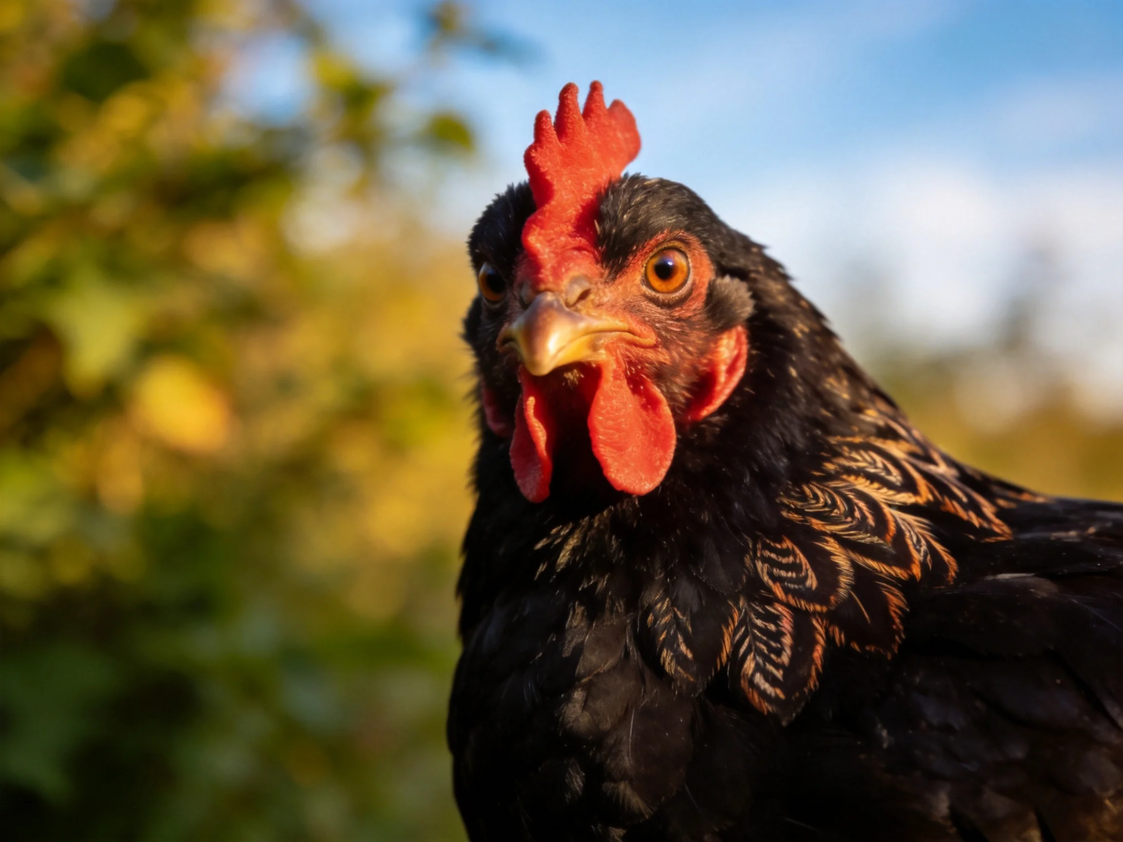 A close-up of a black chicken with red comb and wattles in an outdoor setting.