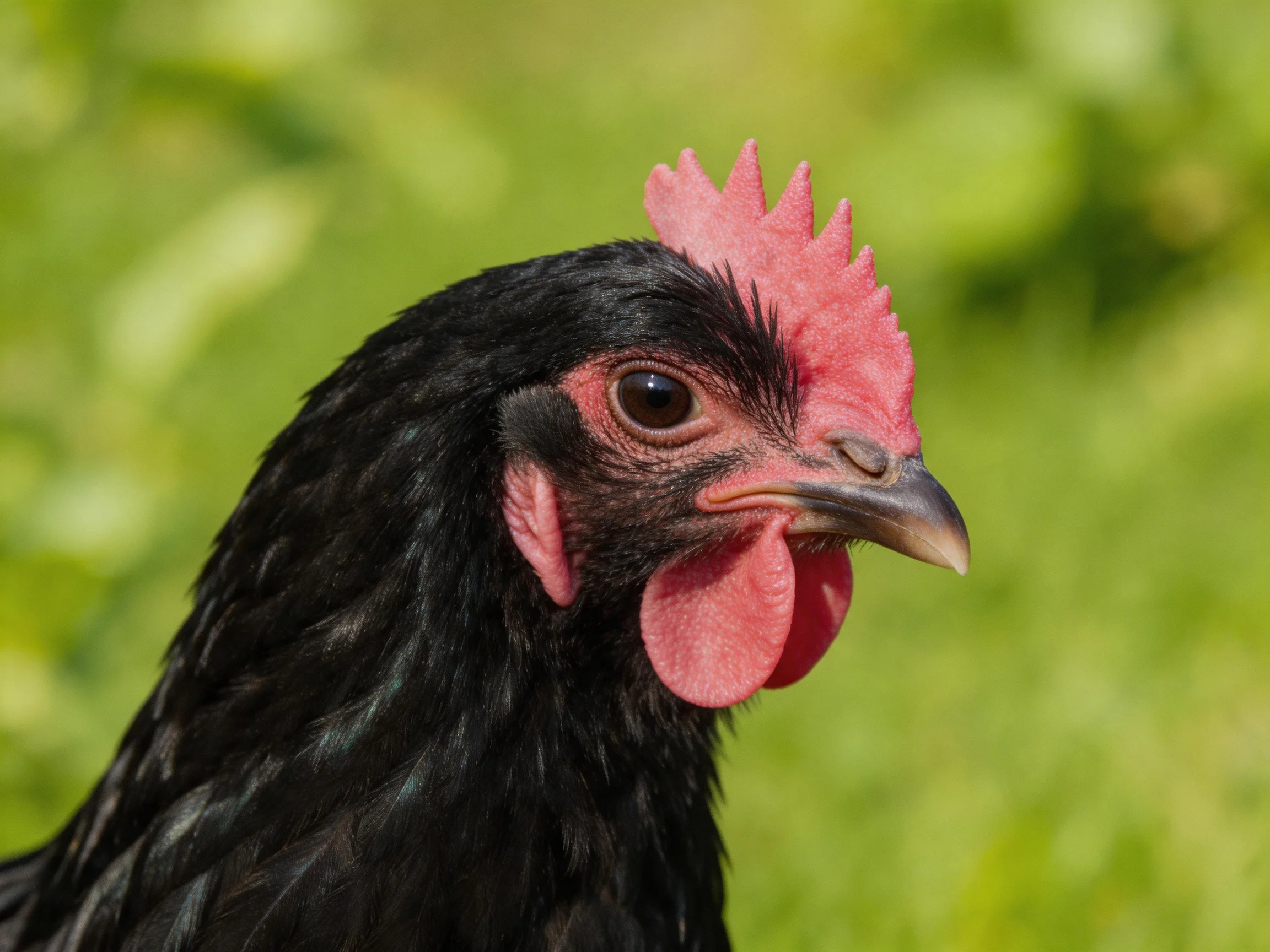 A close - up of a black chicken with vibrant pink comb and wattles in a green outdoor setting
