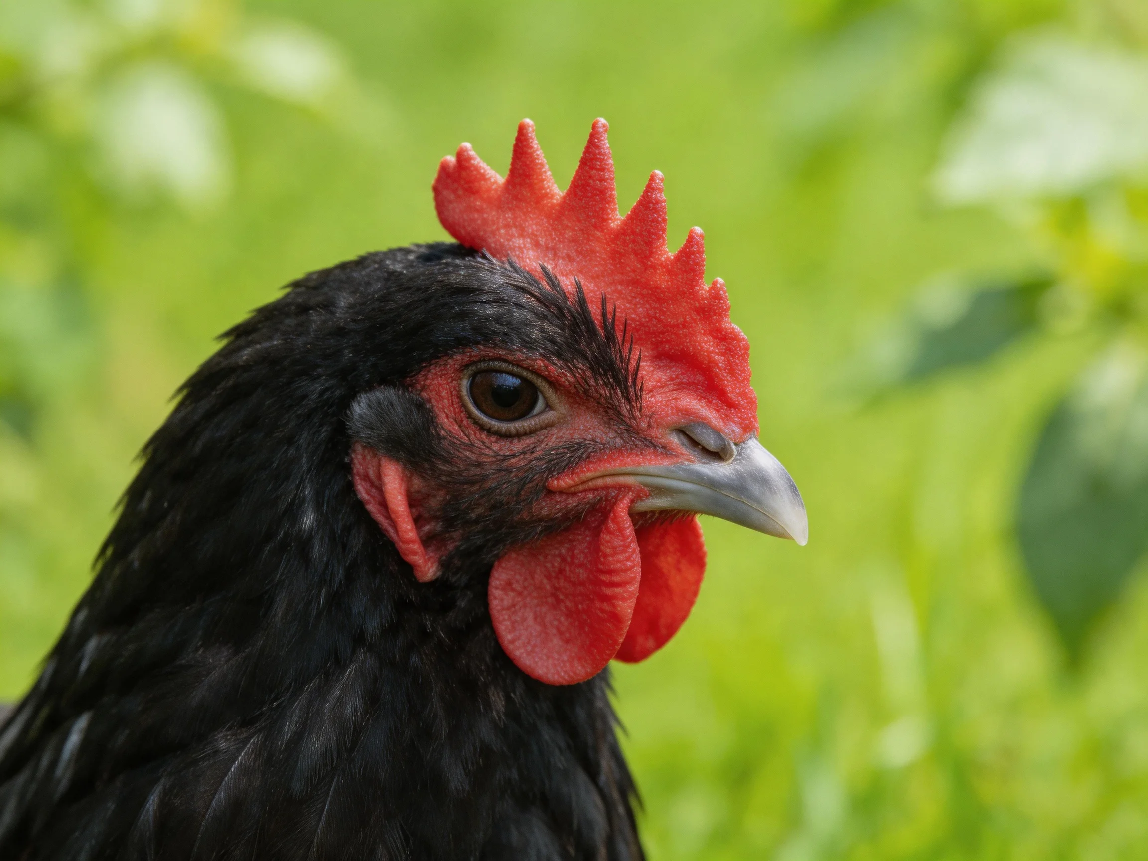 A close - up of a black chicken with vibrant red comb and wattles