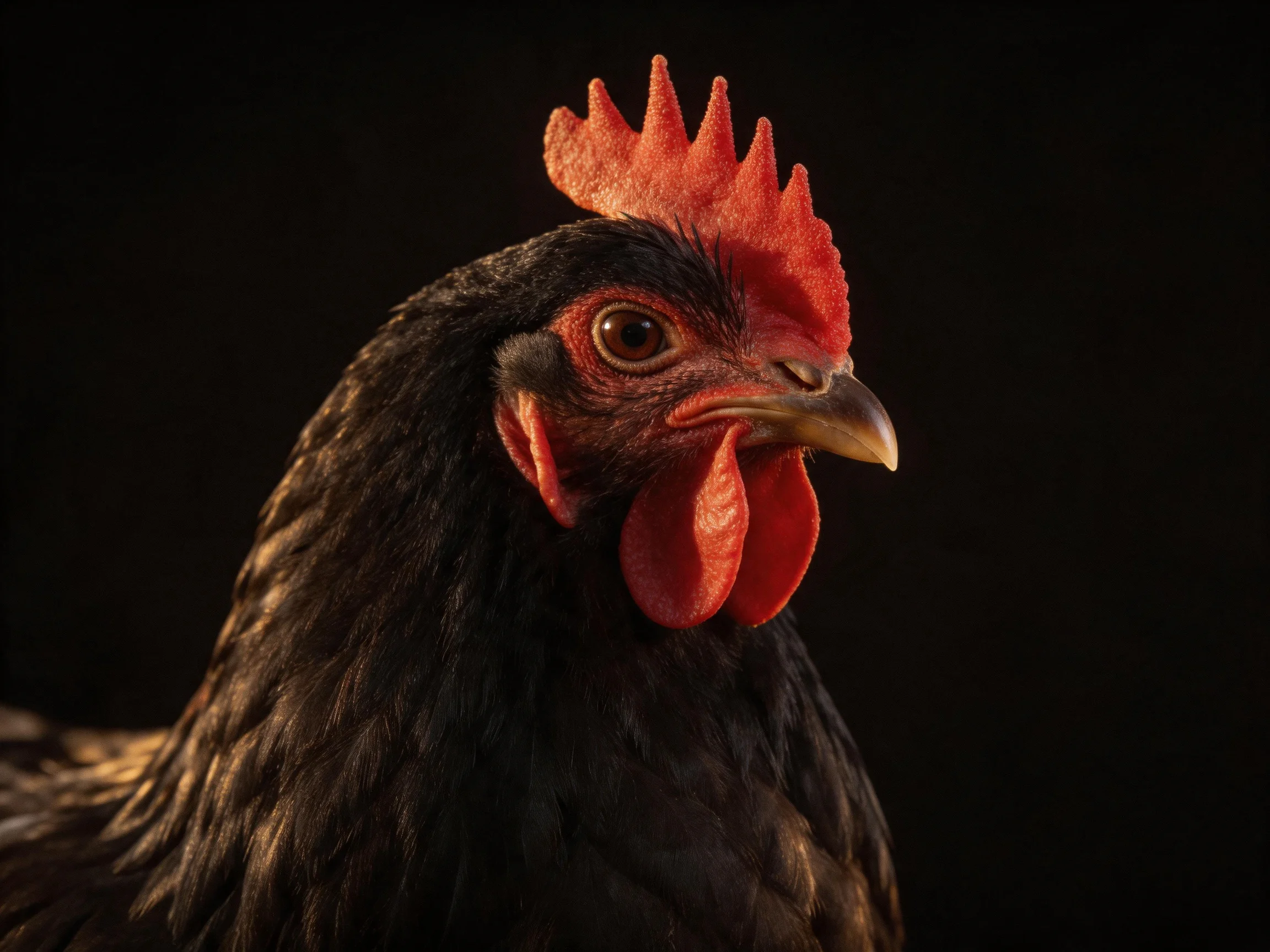 A close - up of a black chicken with vibrant red comb and wattles