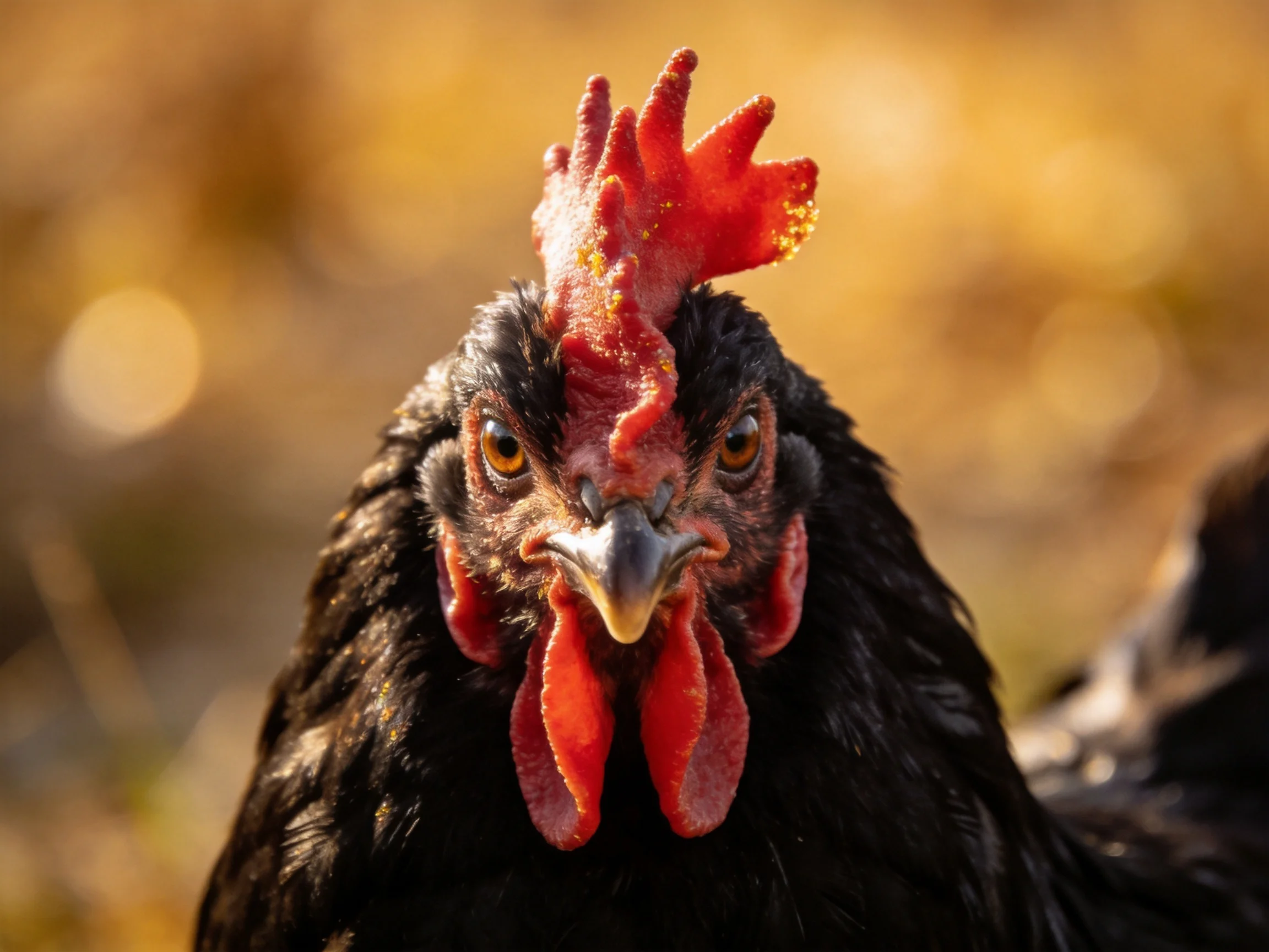 A close-up of a black chicken with striking red facial features.