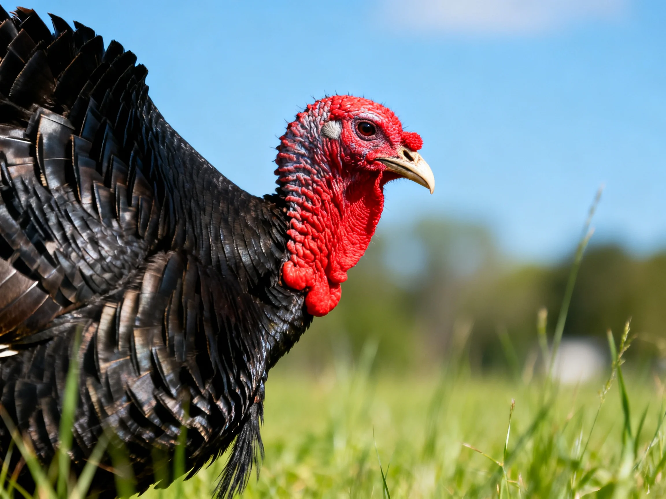 A close - up of a black - feathered turkey with bright red wattle in a grassy field