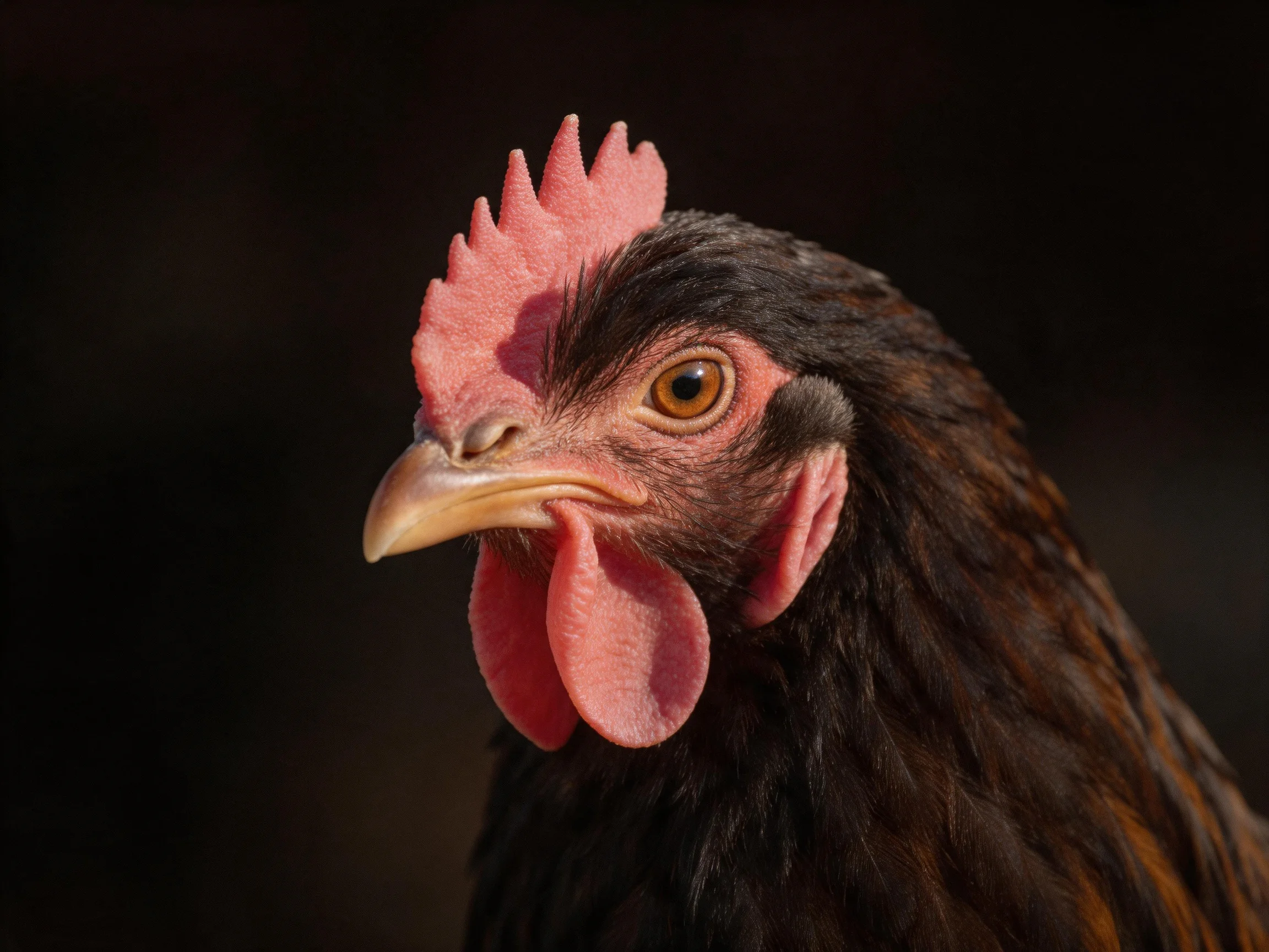 A close - up of a black hen with vibrant pink comb and wattles