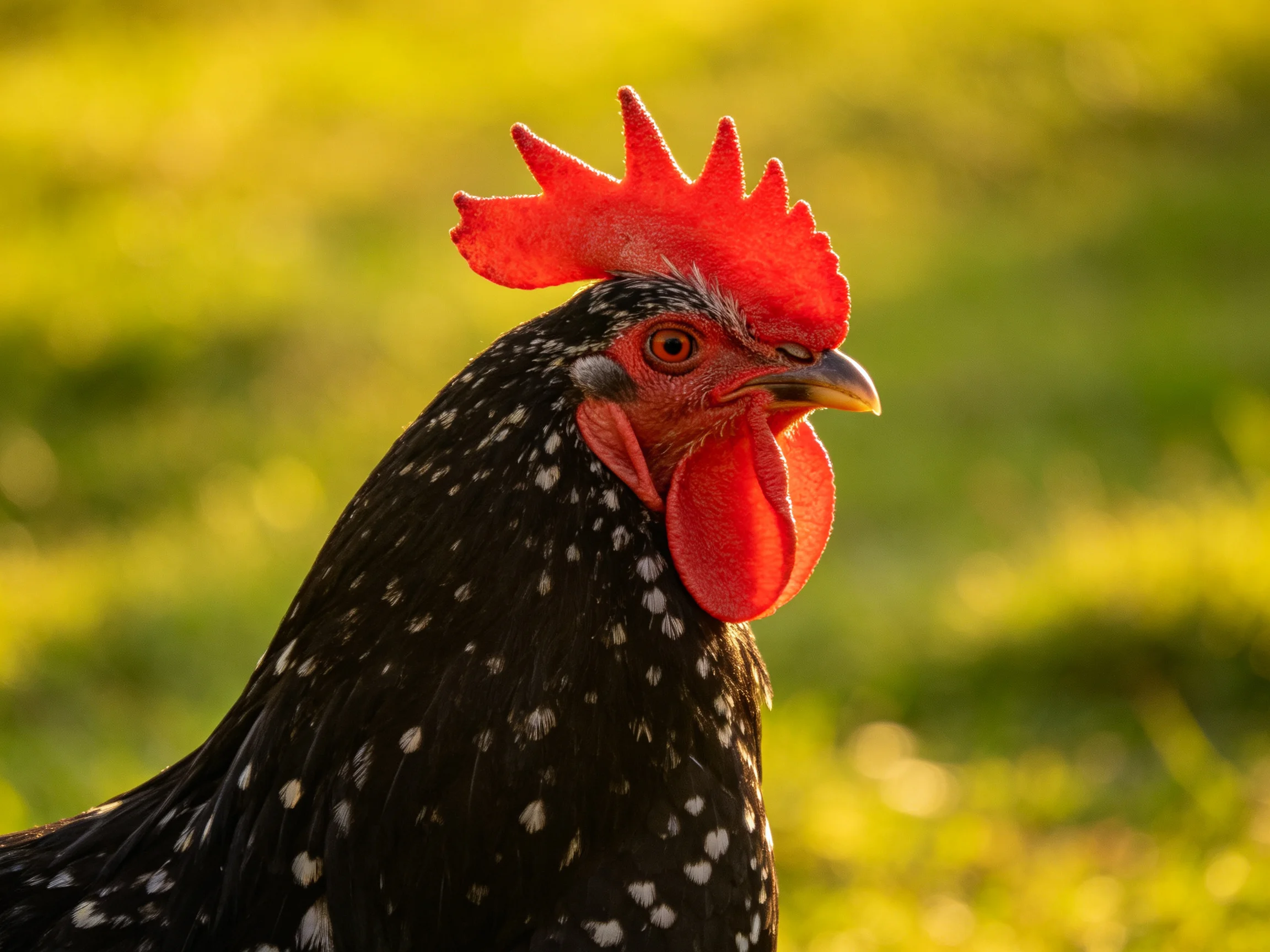 A close - up of a black - spotted rooster with vibrant red comb and wattles