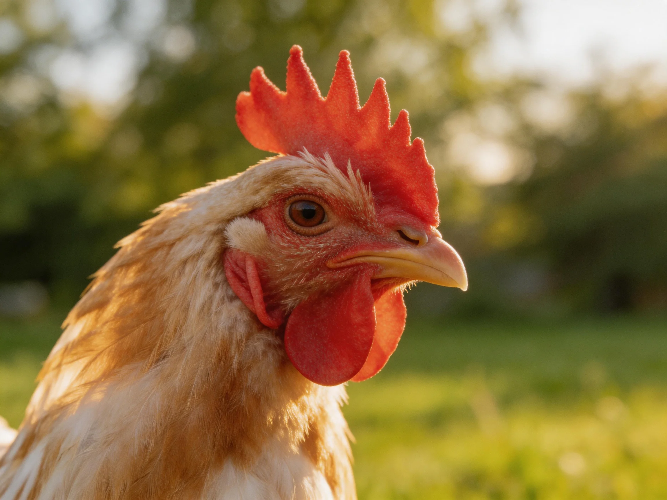 A close - up of a brown and white chicken with a bright red comb in a sunlit outdoor setting