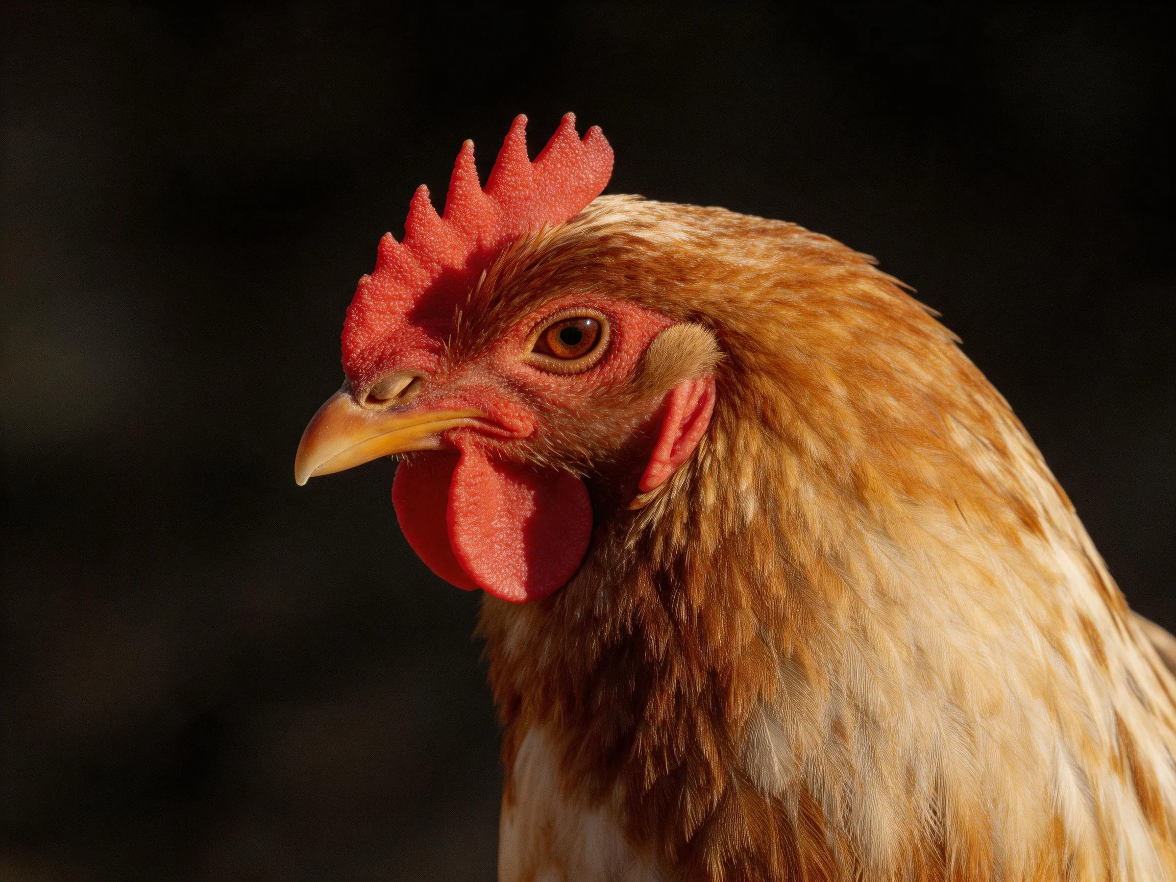 A close-up of a brown and white chicken with vibrant red comb and wattle