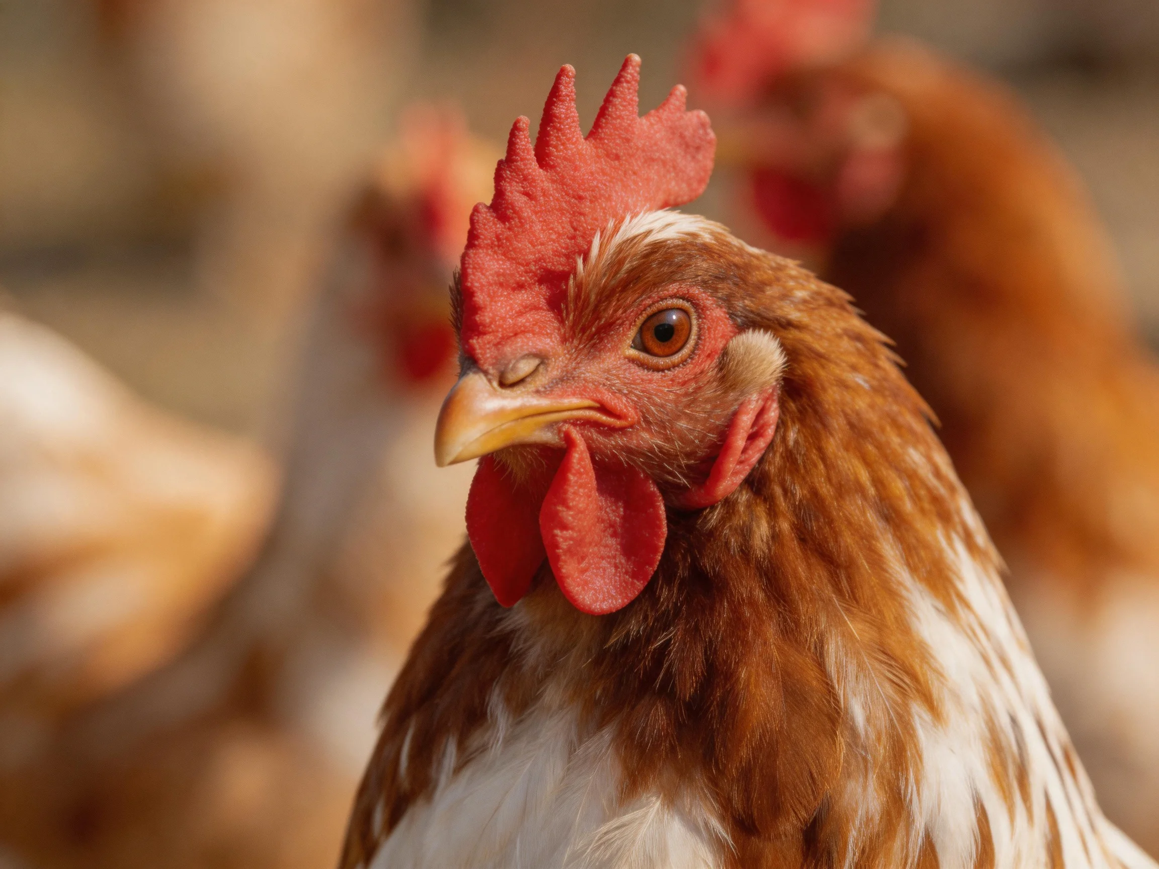 A close-up of a brown and white chicken with vibrant red comb and wattles