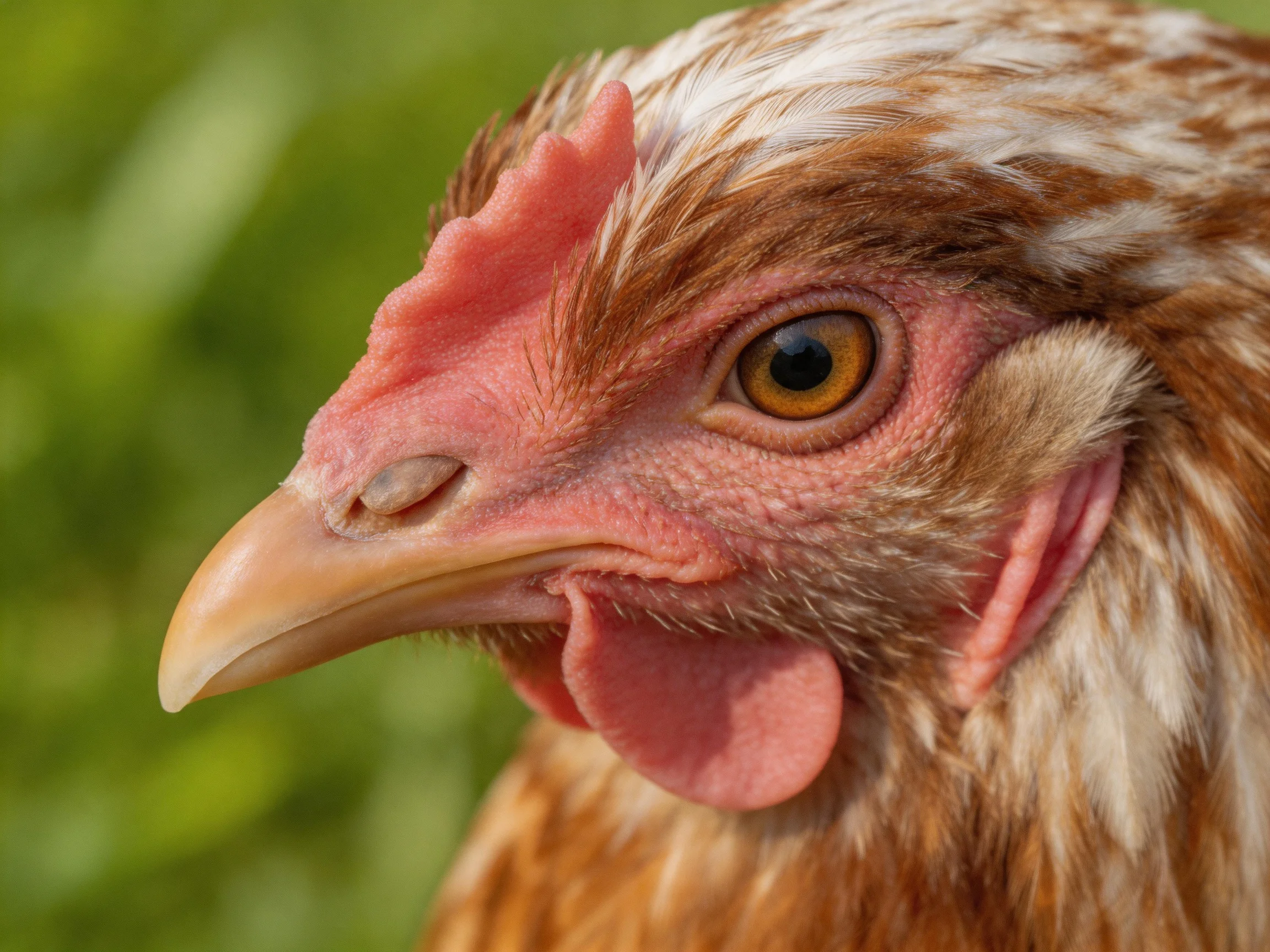 A close-up of a brown and white feathered chicken with pink comb and beak