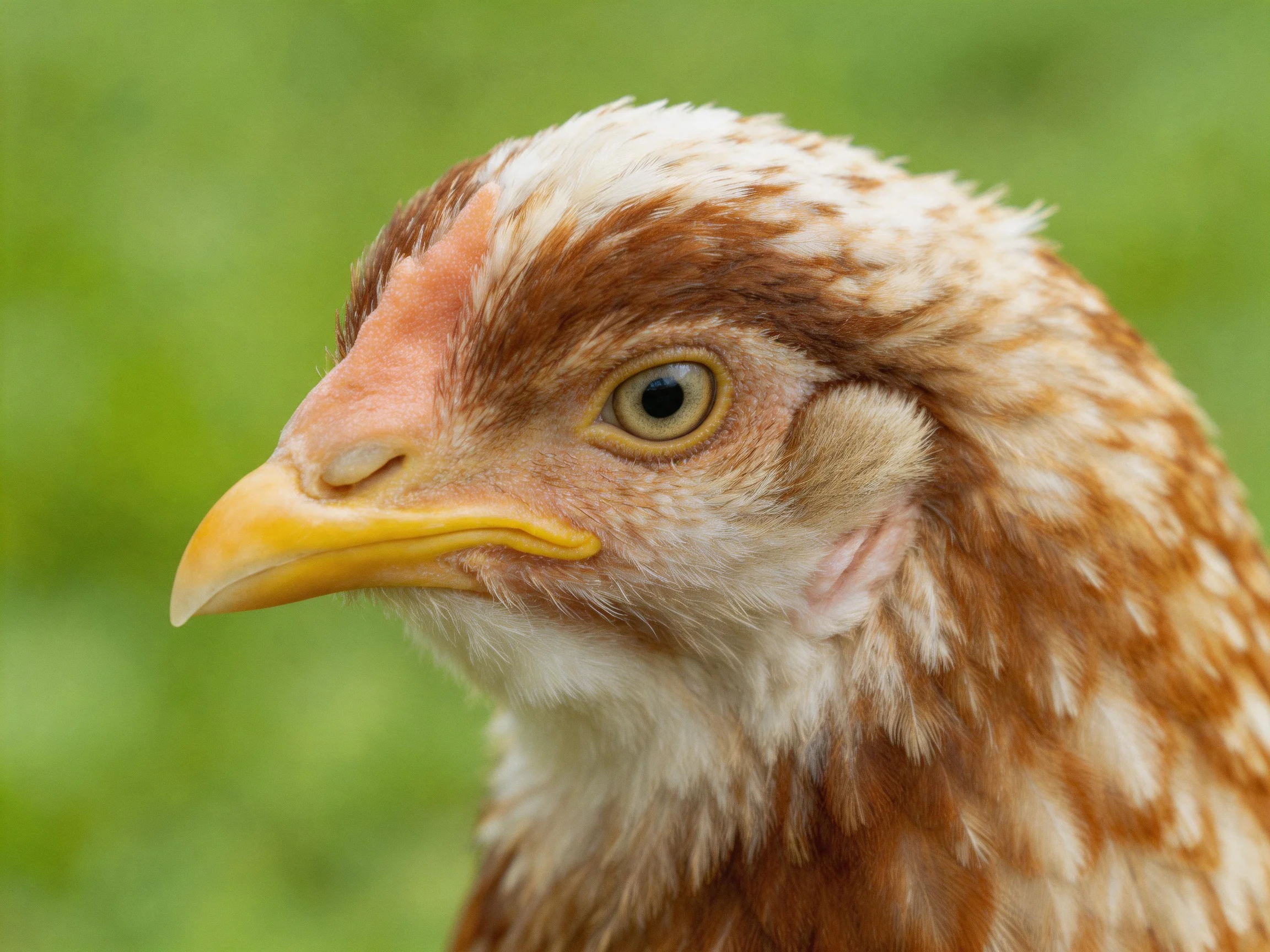 A close - up of a brown and white speckled chicken with a bright yellow beak