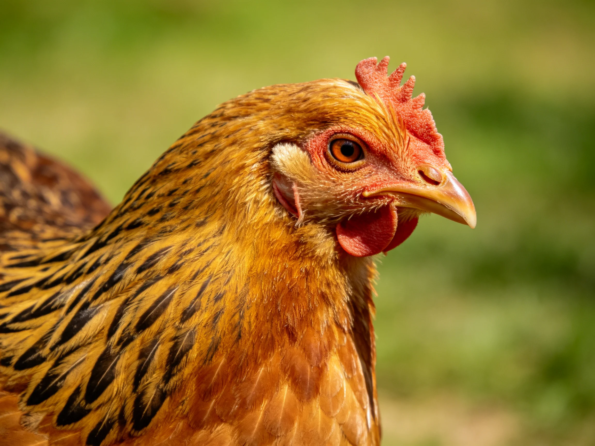 A close-up of a brown chicken with black feather patterns and red comb