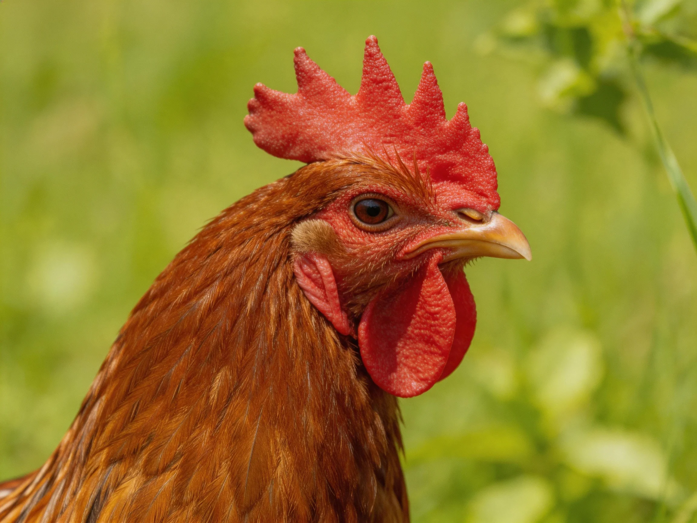A close - up of a brown chicken with bright red comb in a green field