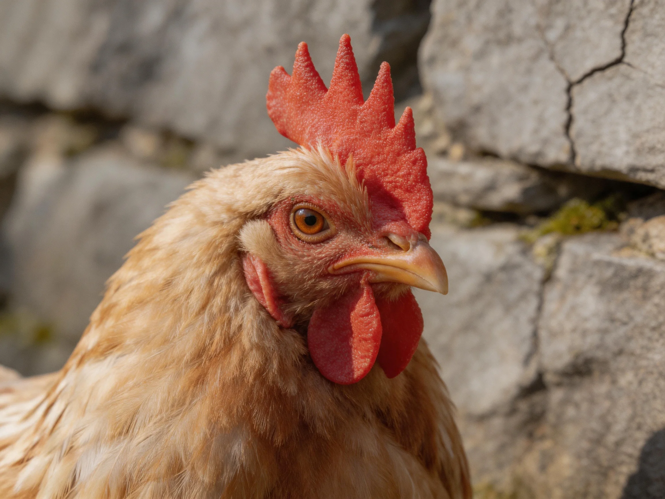 A close-up of a brown chicken with bright red comb near gray stone wall