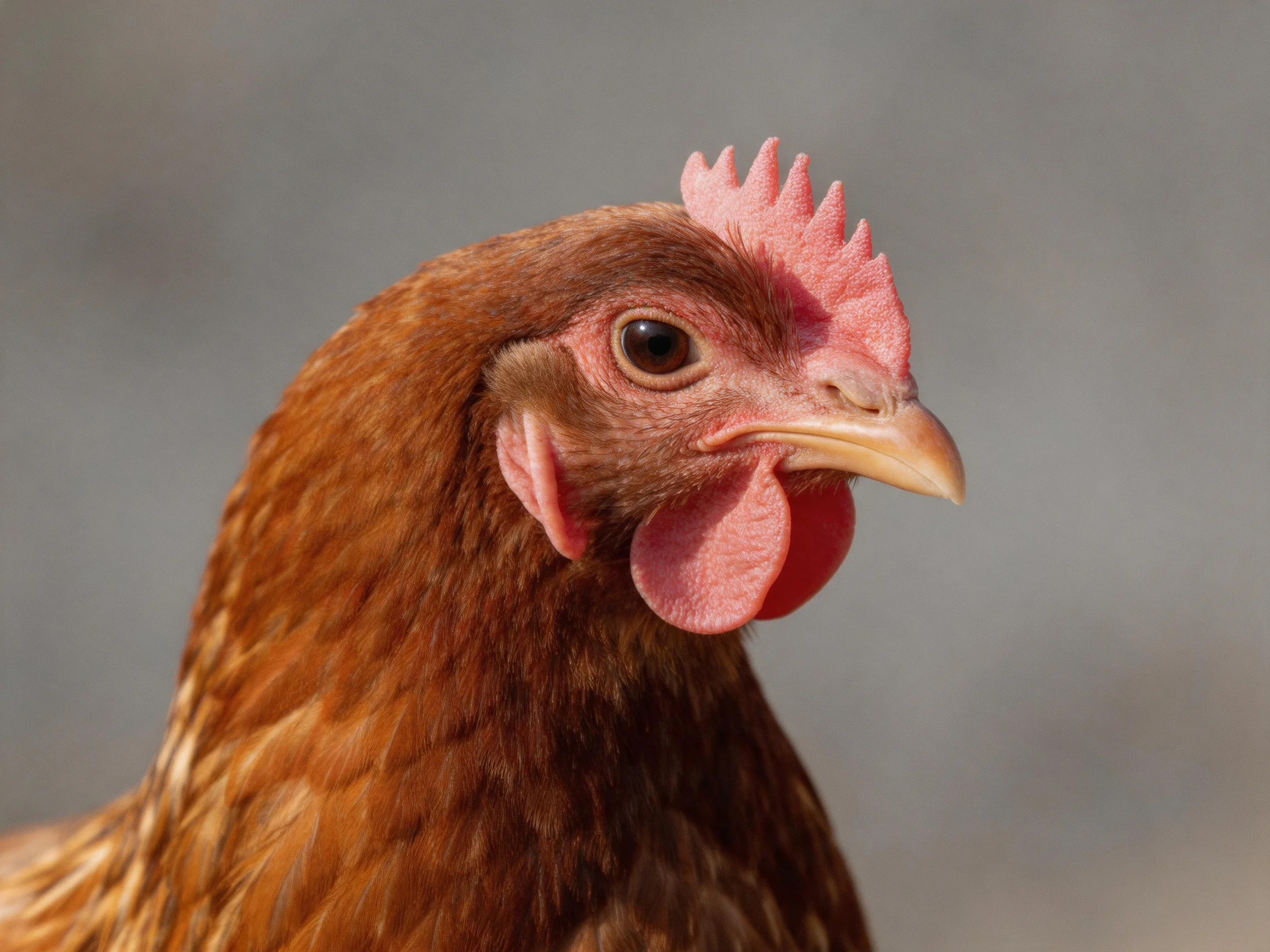 A close-up of a brown-feathered hen with pink comb and wattle