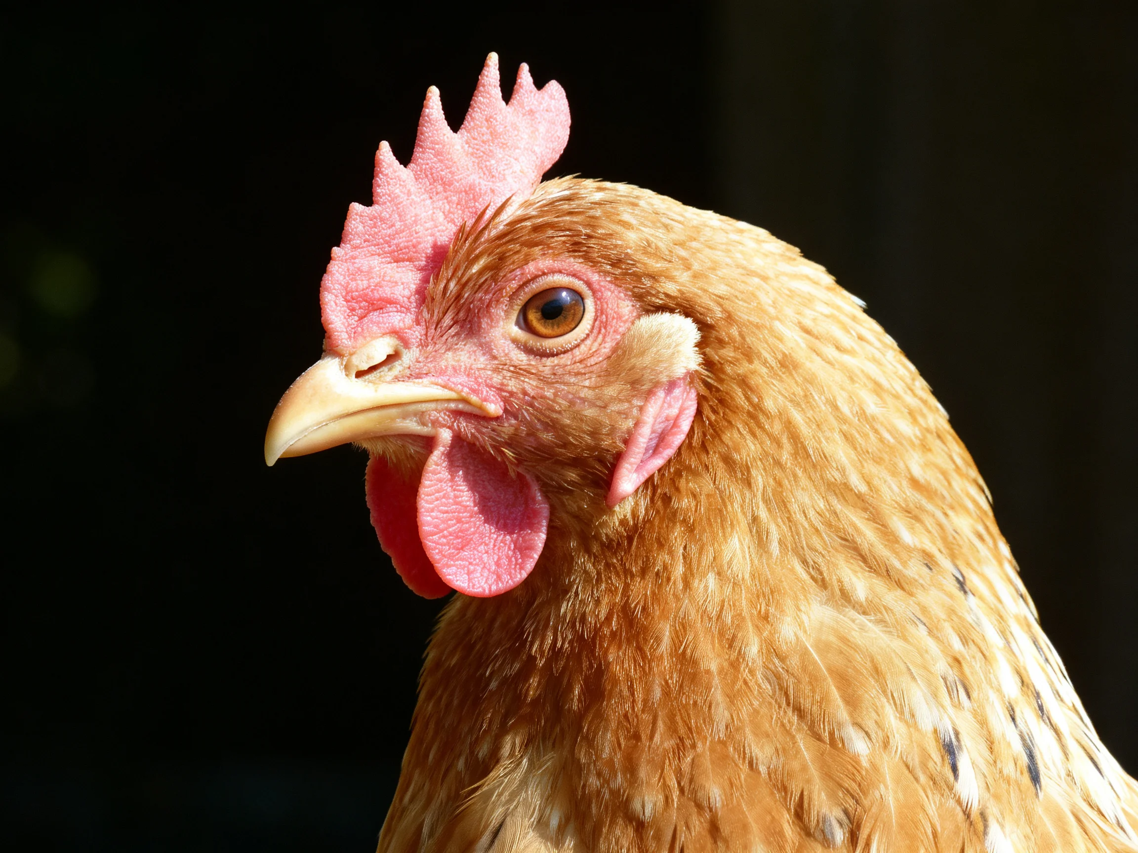 A close-up of a brown-feathered hen with pink comb and wattles