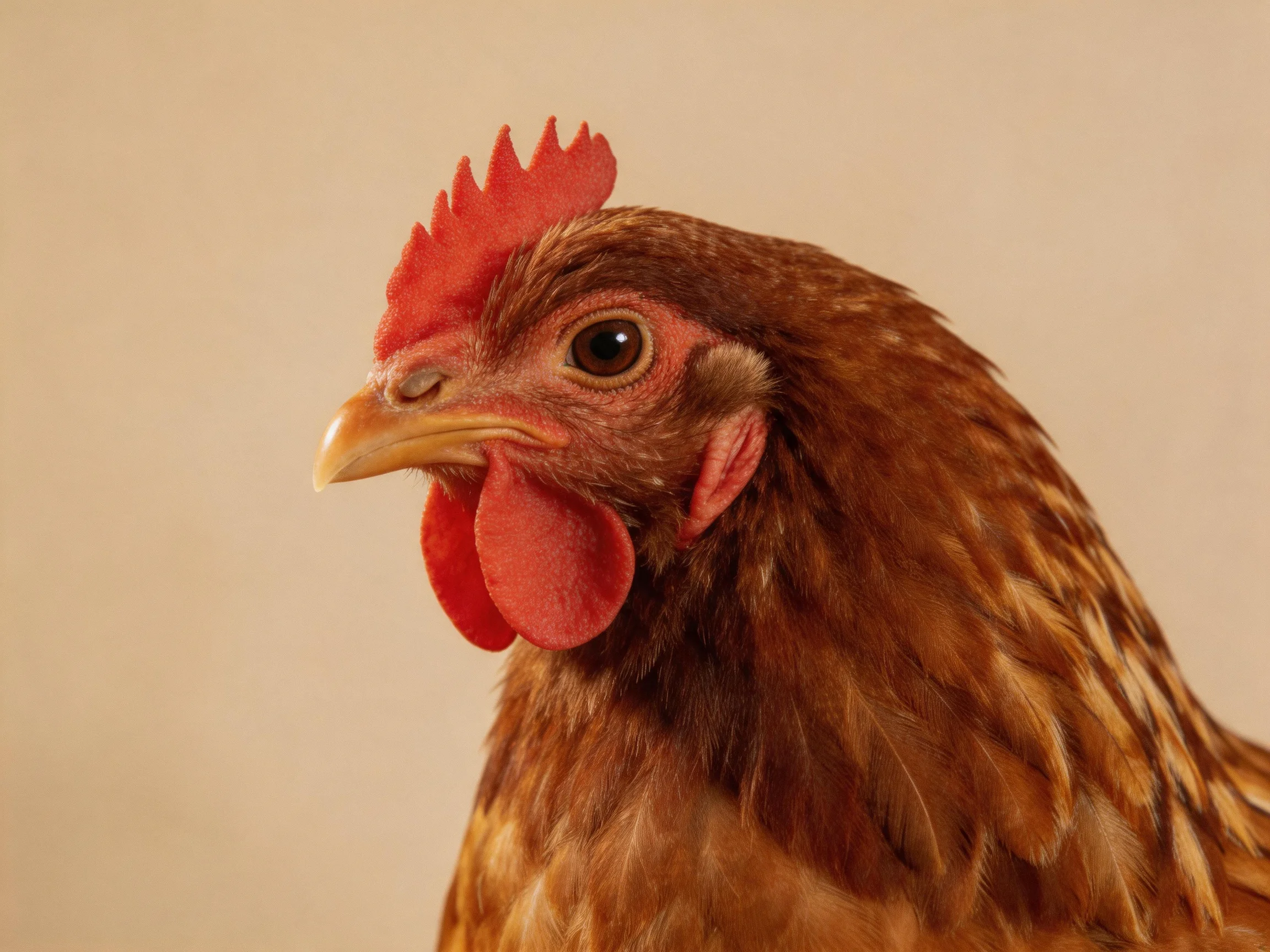 A close-up of a brown-feathered hen with vibrant red comb and wattles