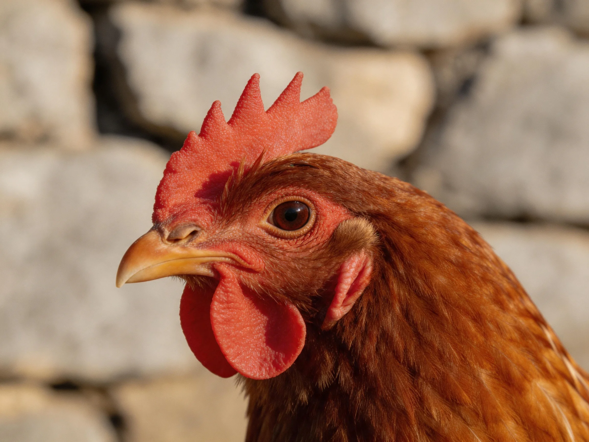 A close - up of a brown hen with a bright red comb near a stone wall