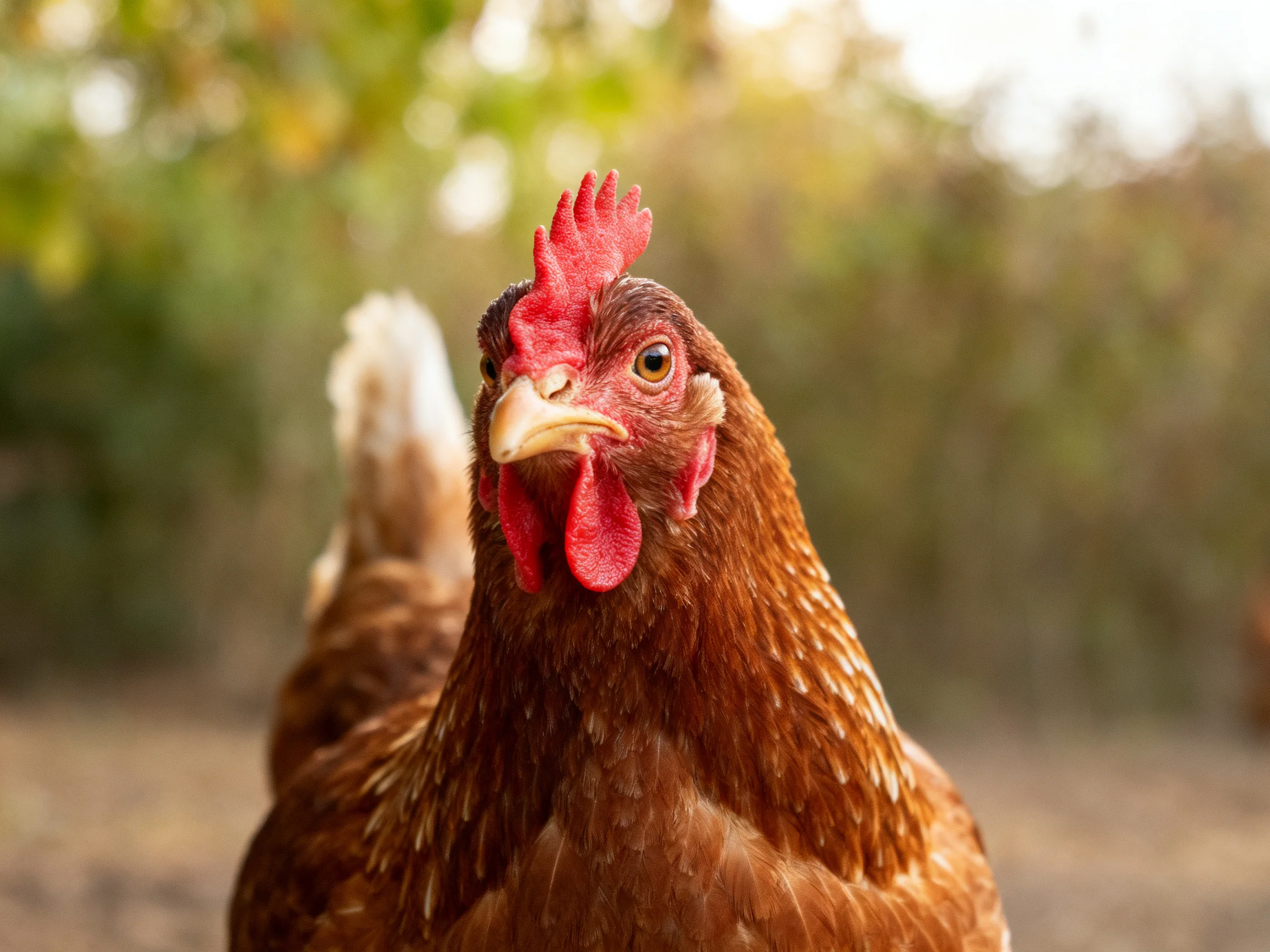 A brown hen with a bright red comb is photographed outdoors.