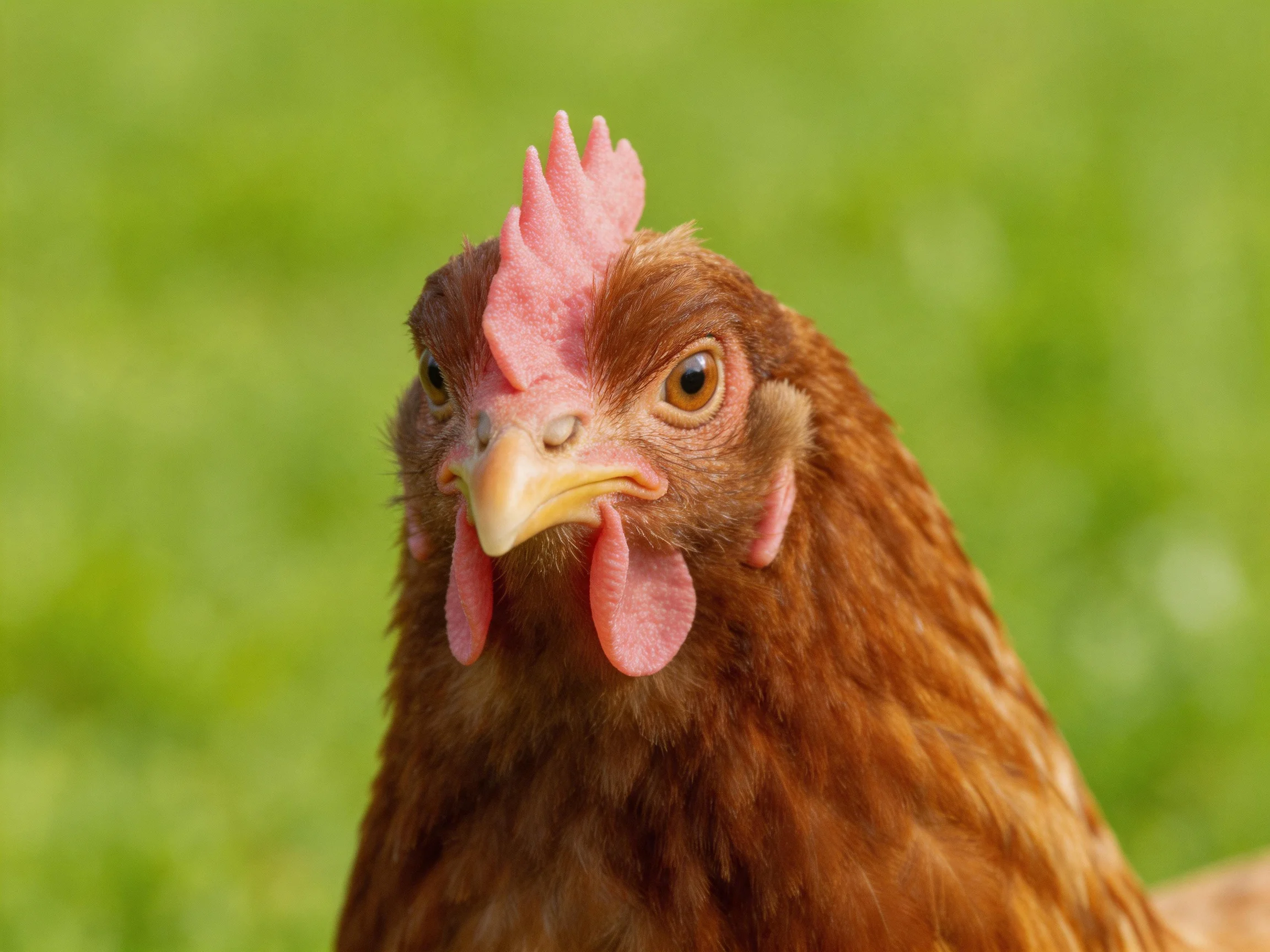 A brown hen with pink facial features stands out against blurred green grass.