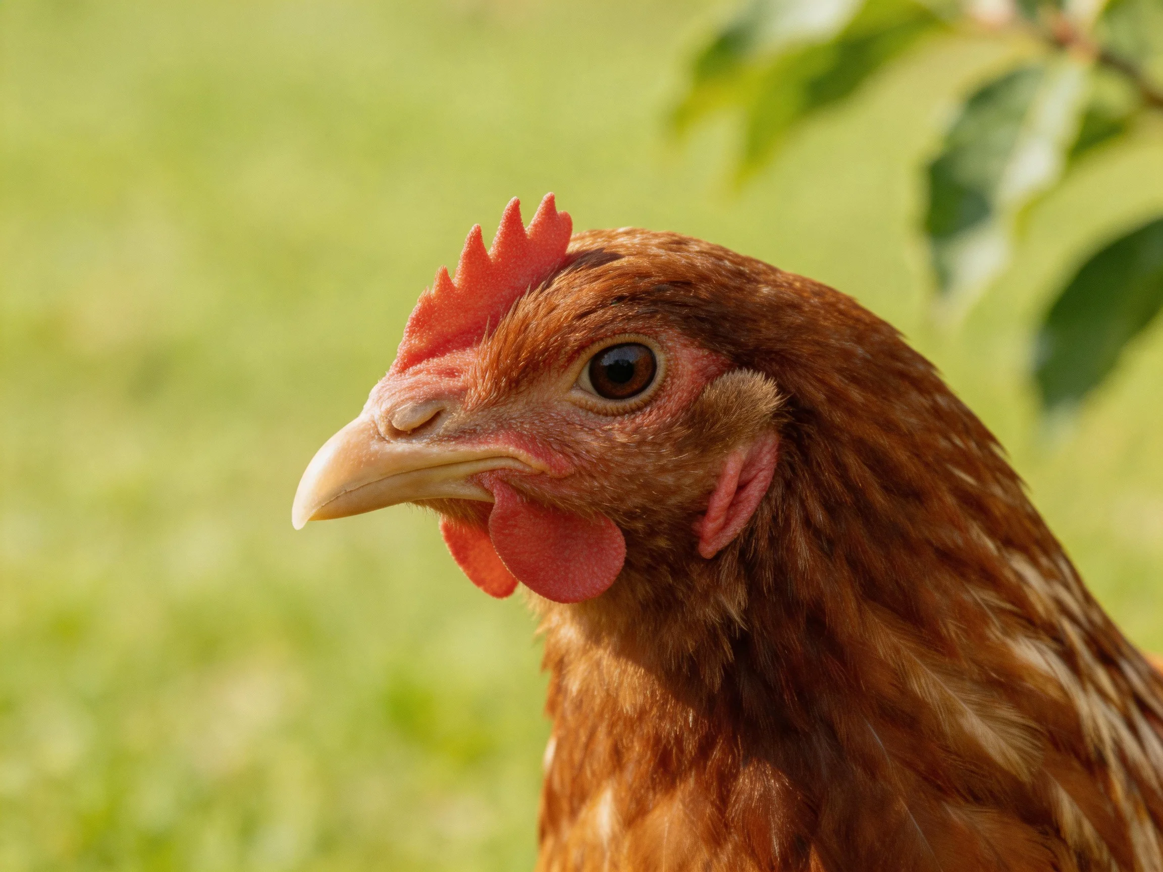 A close - up of a brown hen with red comb in a green field