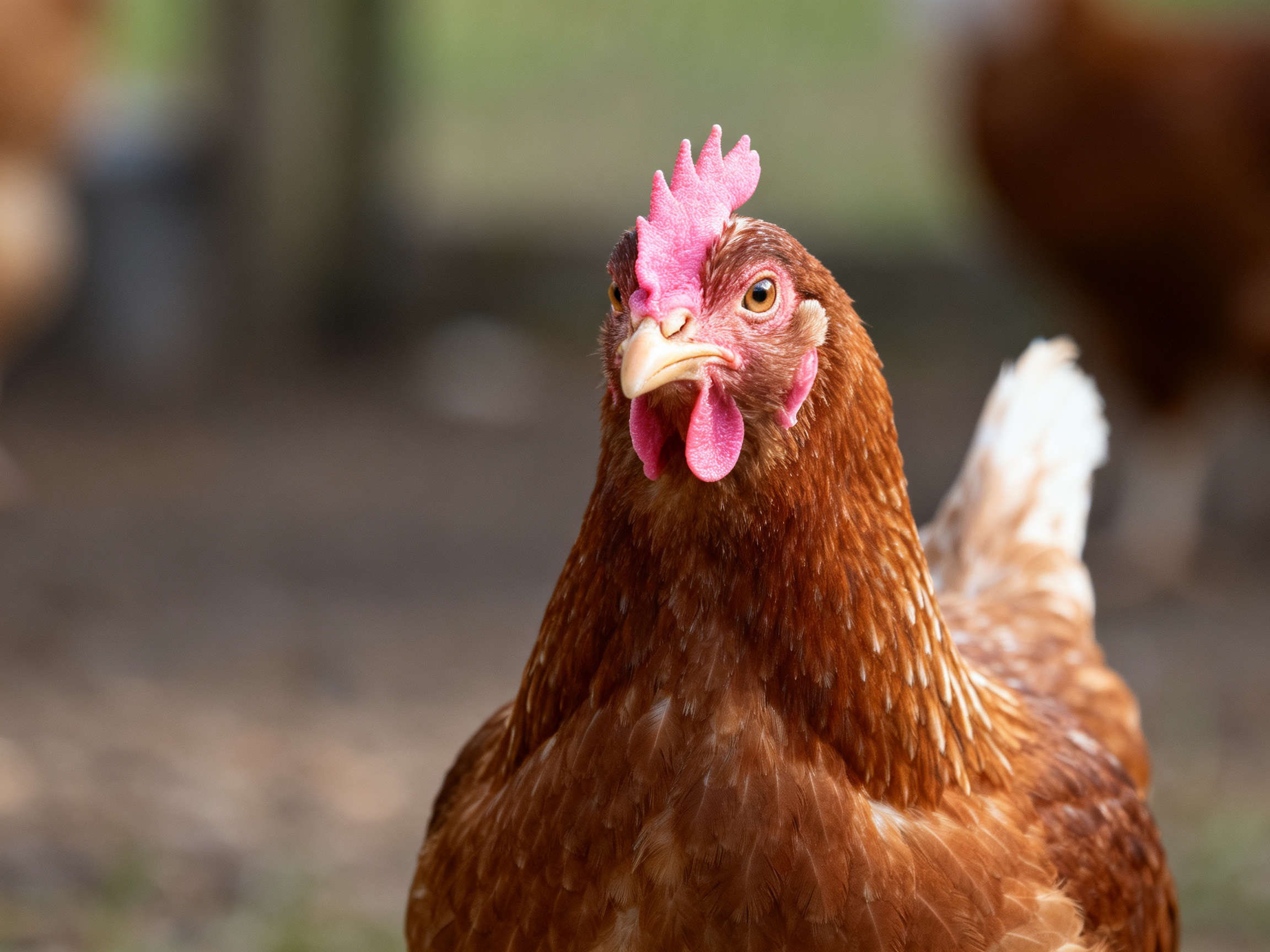 A close - up of a brown hen with vibrant pink comb