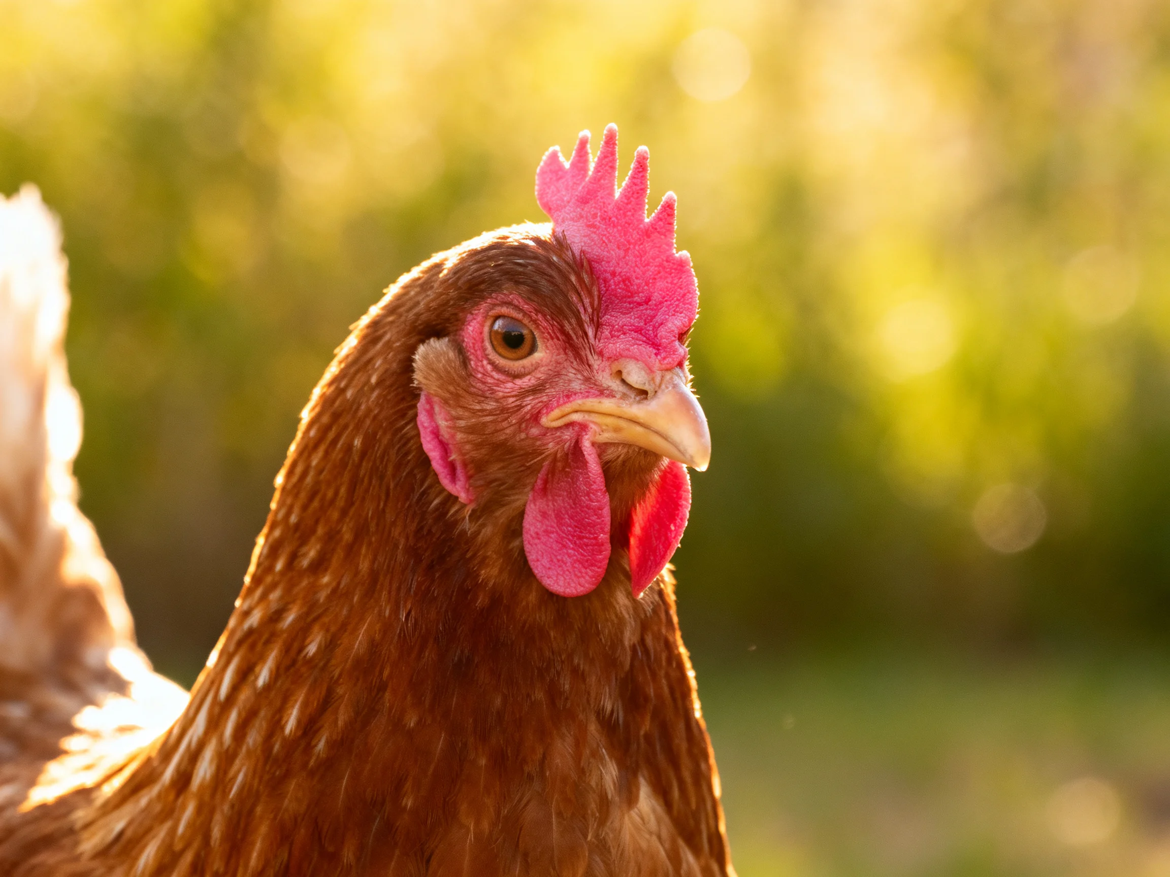 A close - up of a brown hen with vibrant pink combs