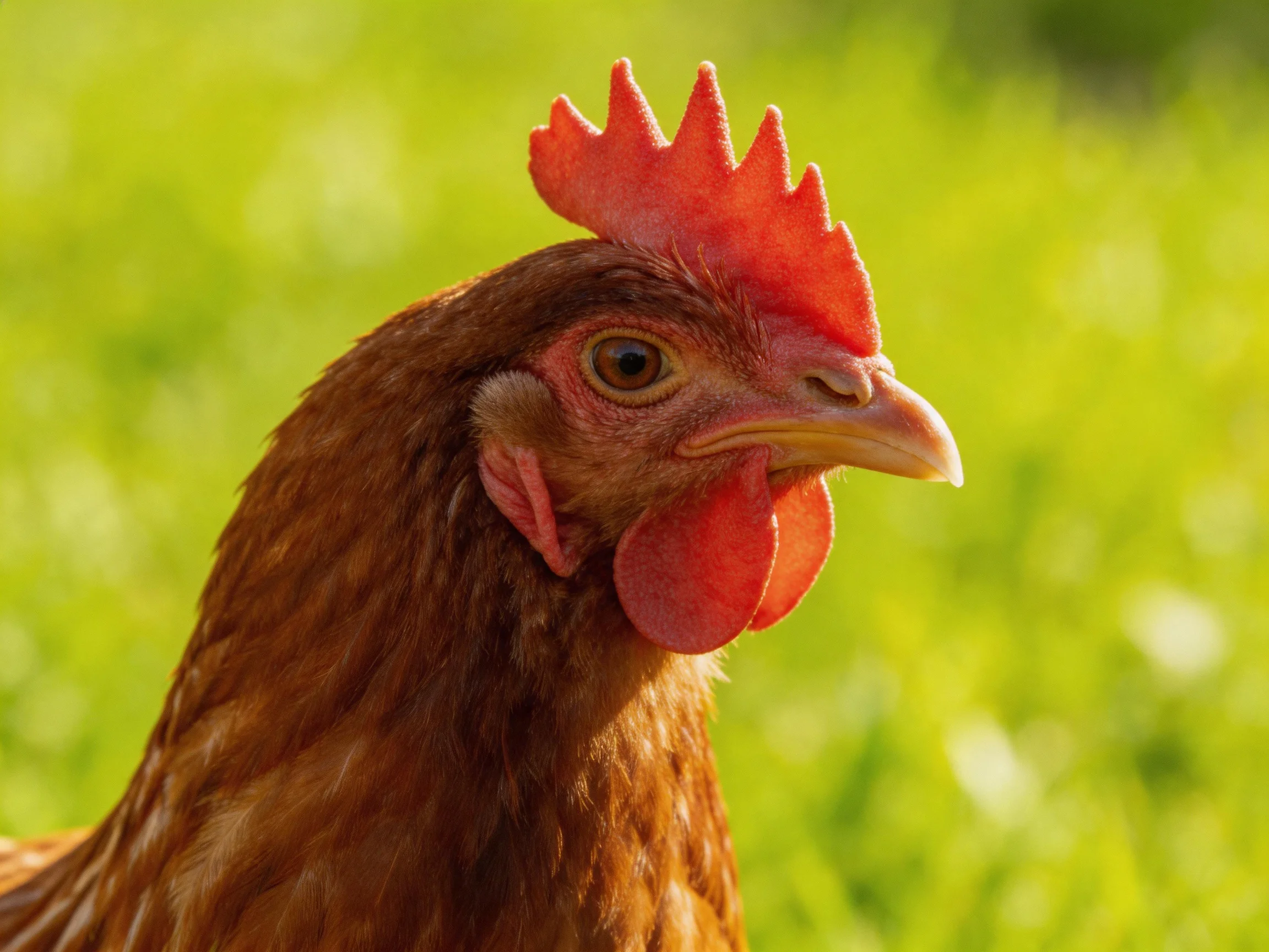 A brown hen with a bright red comb is shown against a blurred green backdrop.