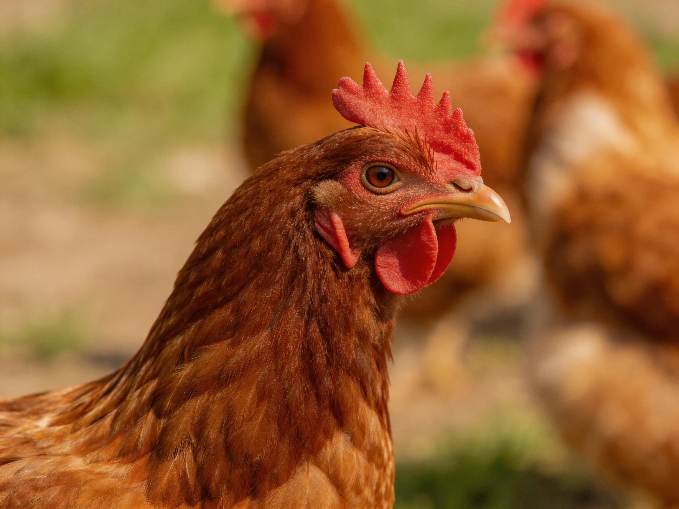 A close - up of a brown hen with vibrant red comb among other hens