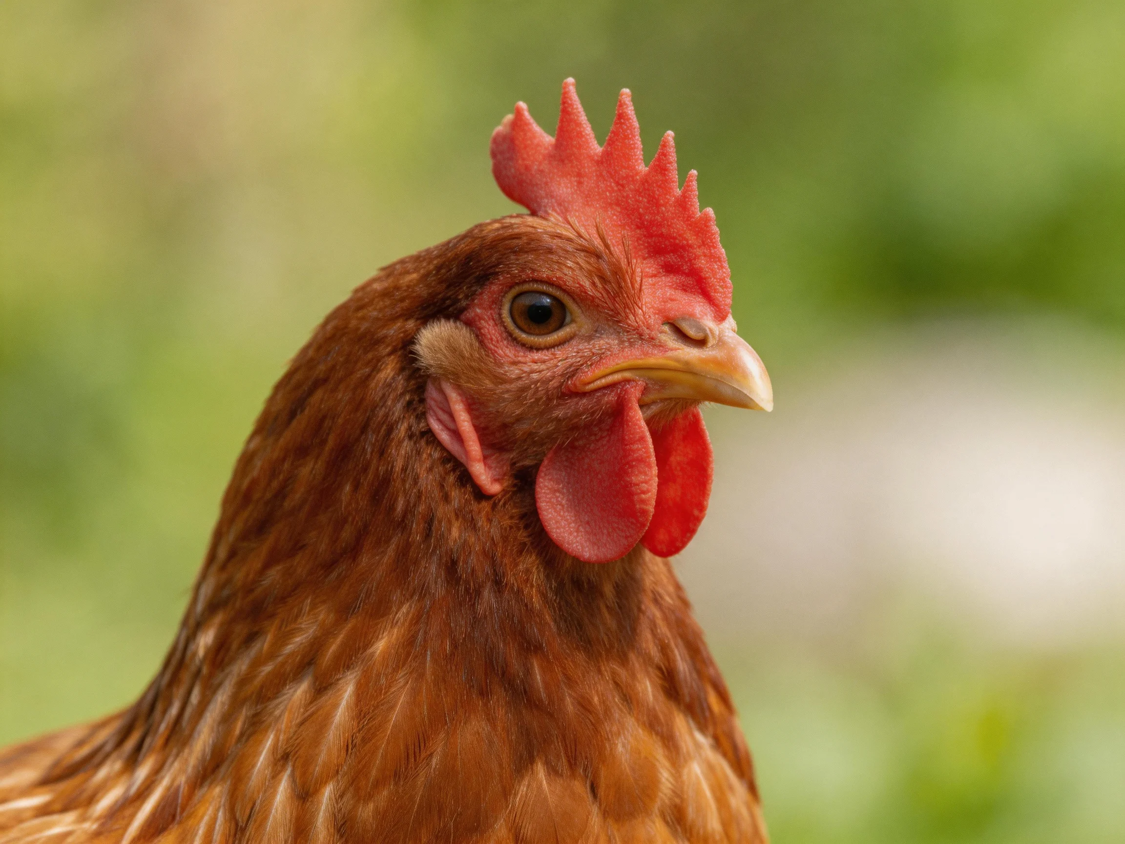 A close-up of a brown hen with vibrant red comb and wattle