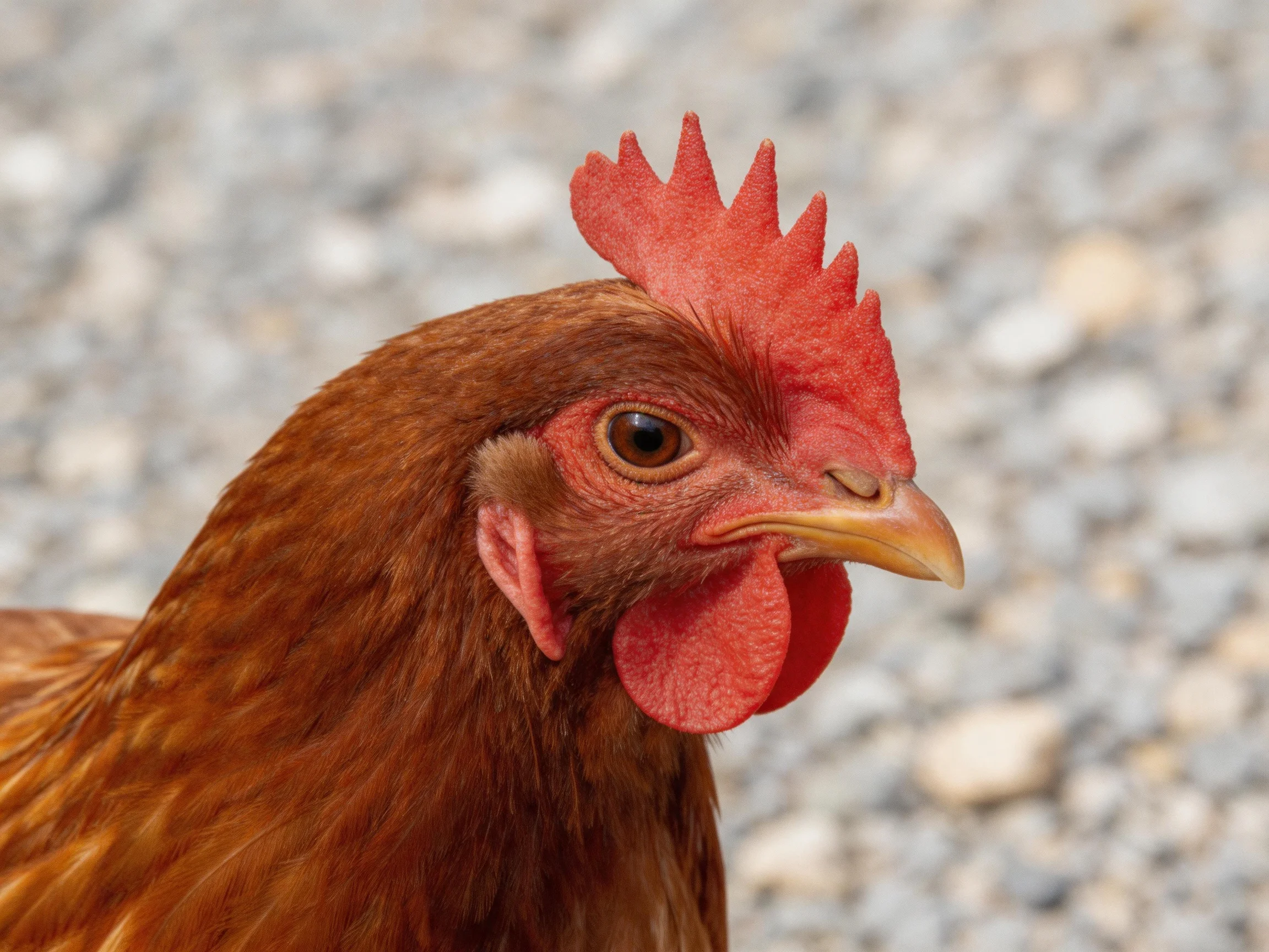 A close-up of a brown hen with vibrant red comb and wattle