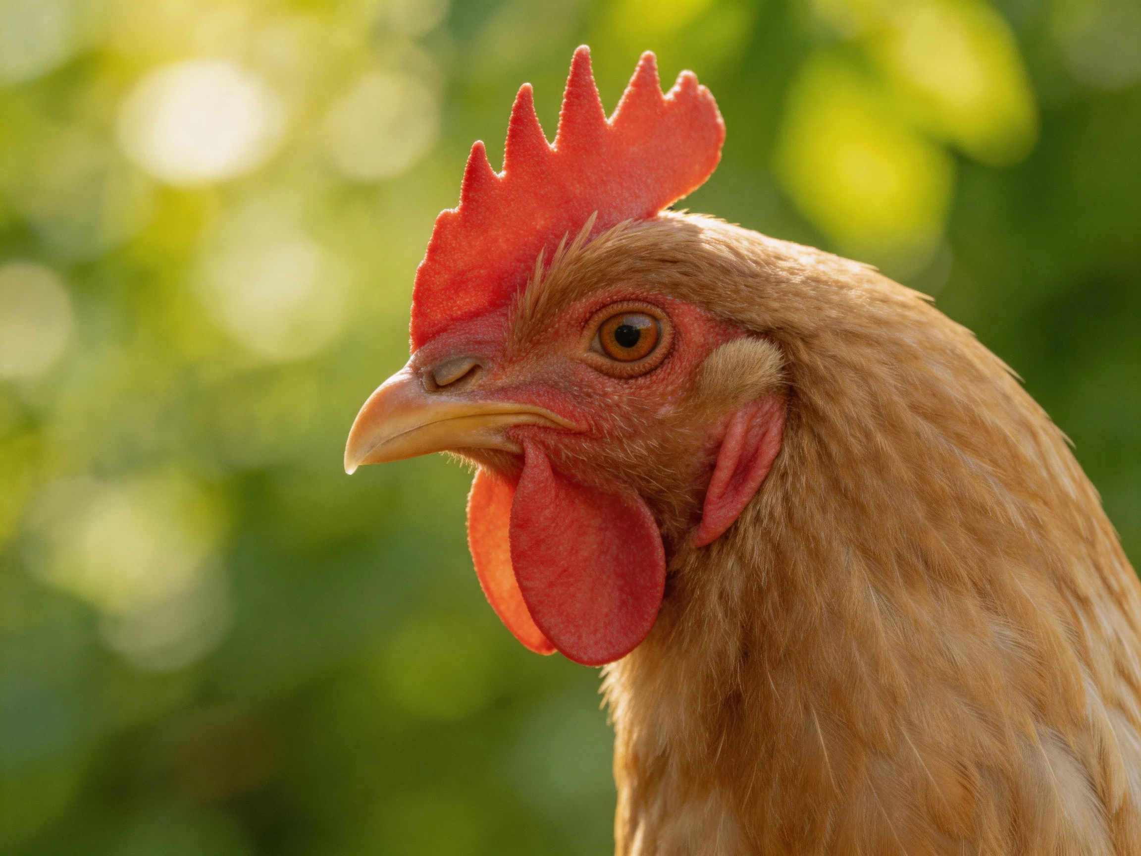 A close - up of a brown hen with vibrant red comb and wattle against a blurred green background