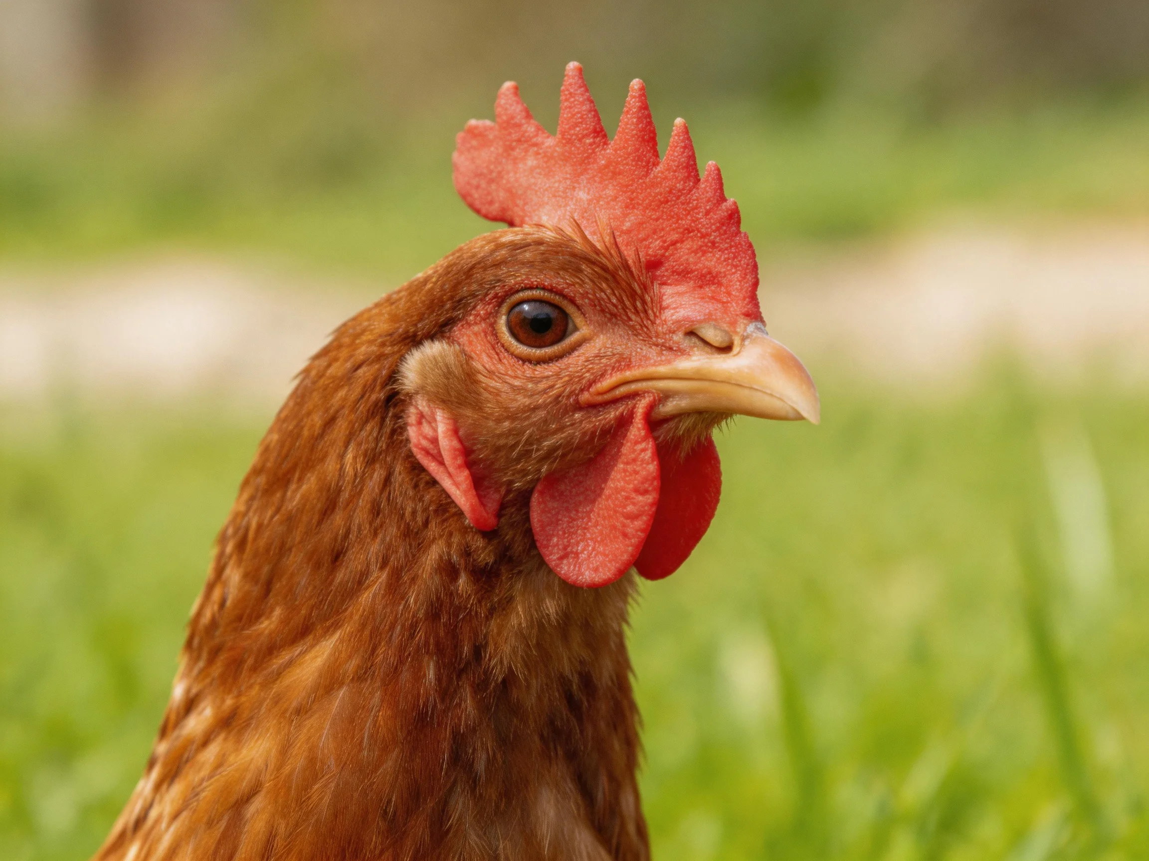 A brown hen with a bright red comb is centered in focus against a blurred green outdoor setting.