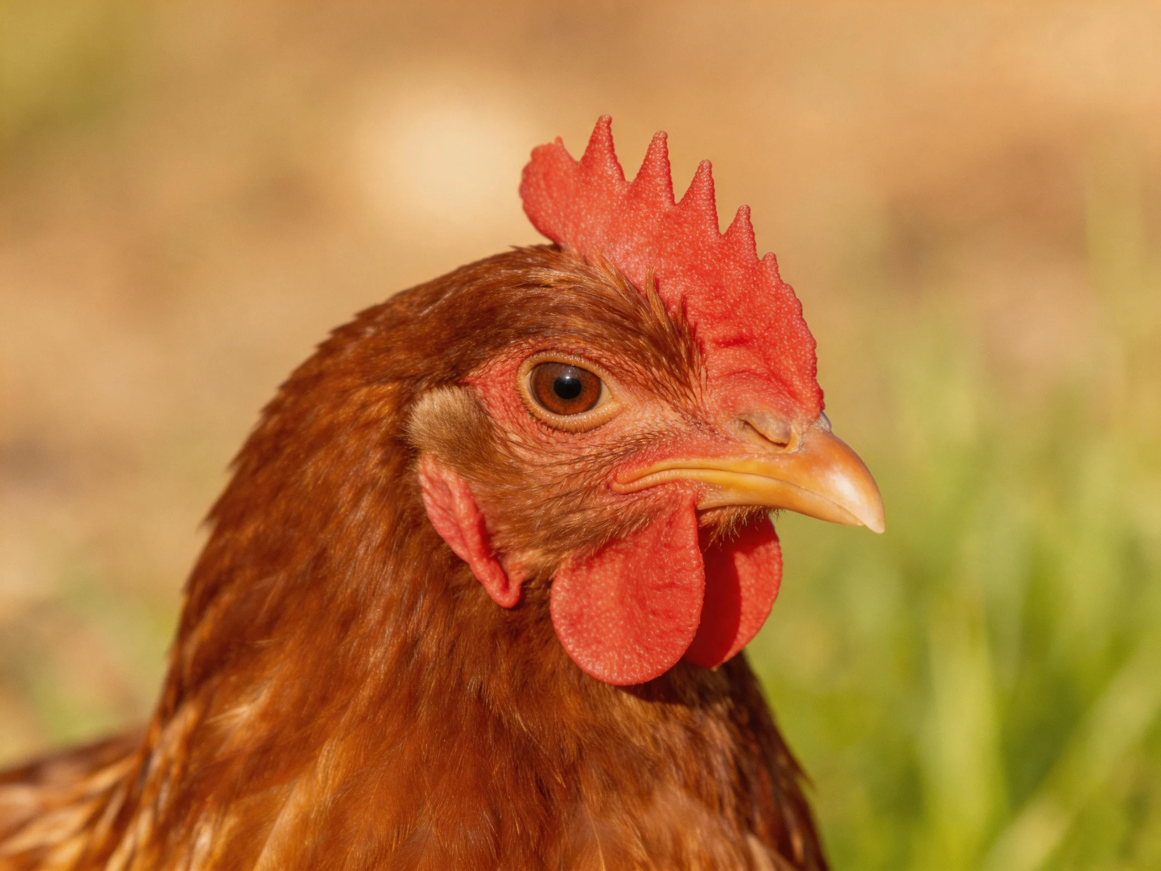 A close-up of a brown hen with vibrant red comb and wattles