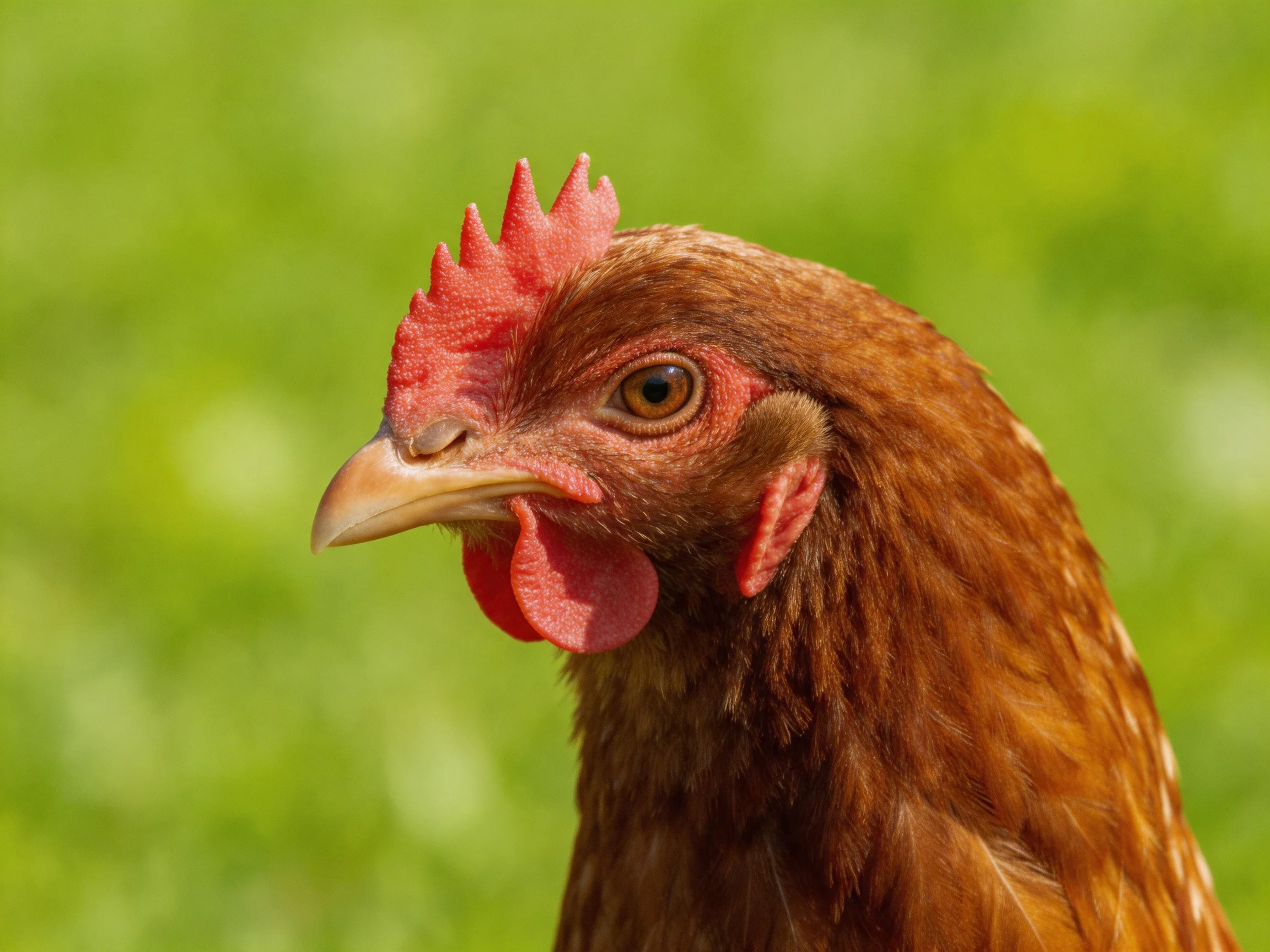A brown hen with striking red facial features is captured up close amid a blurred green background.