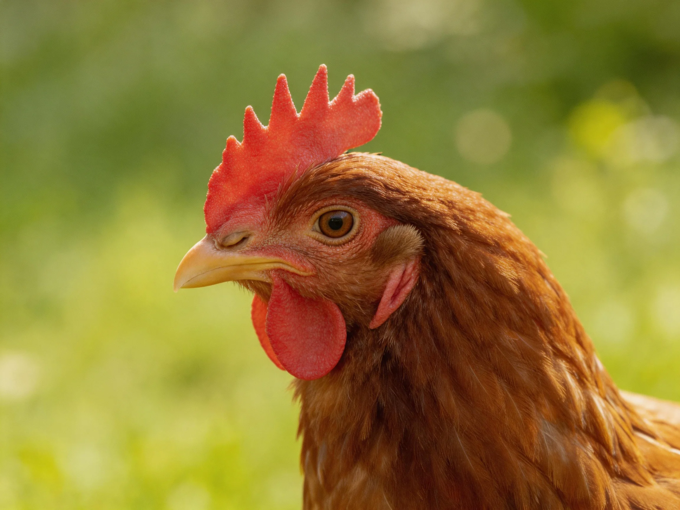 A close - up of a brown hen with vibrant red comb and wattles