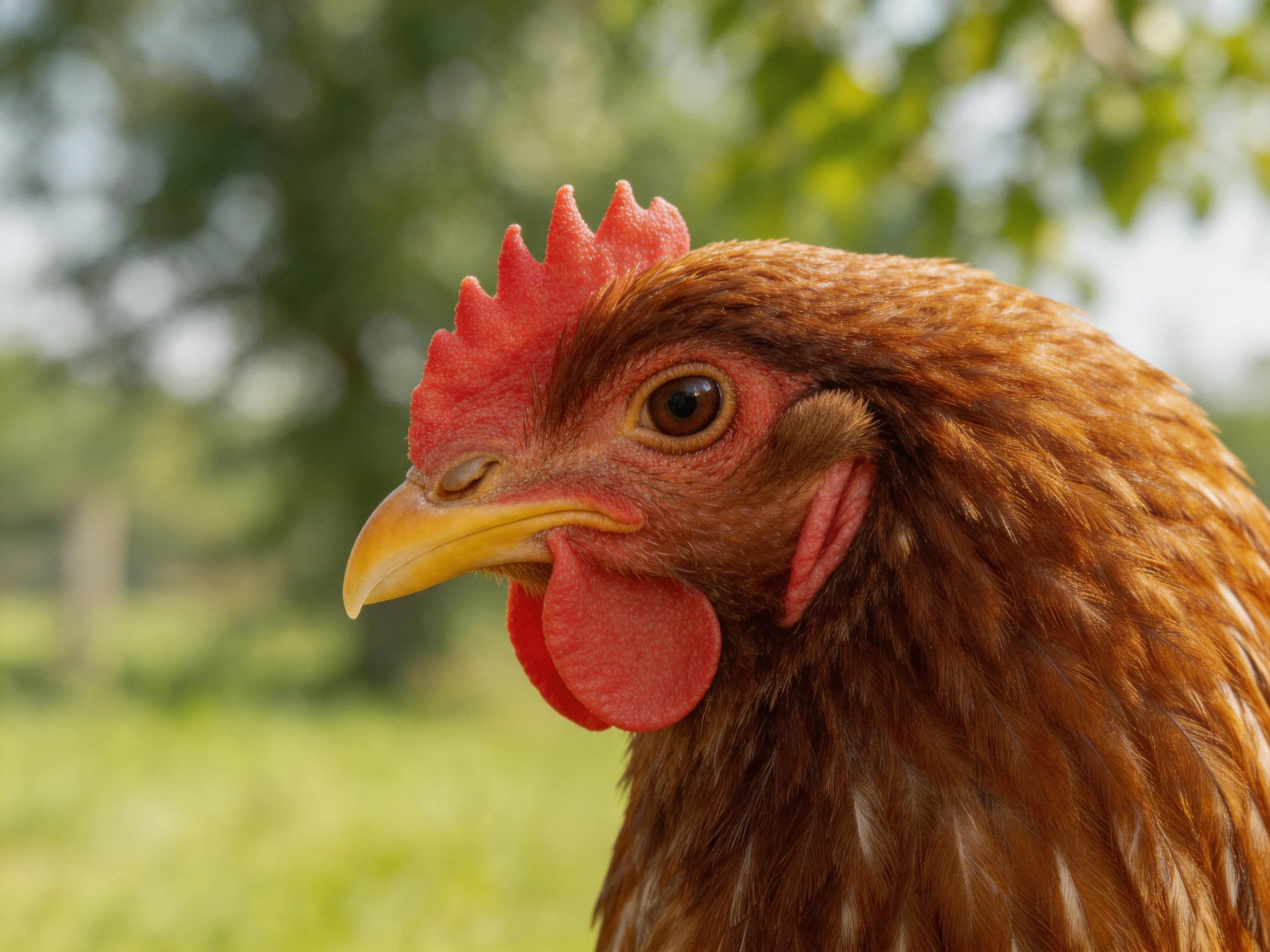 A brown hen with red facial features is photographed up close in nature.