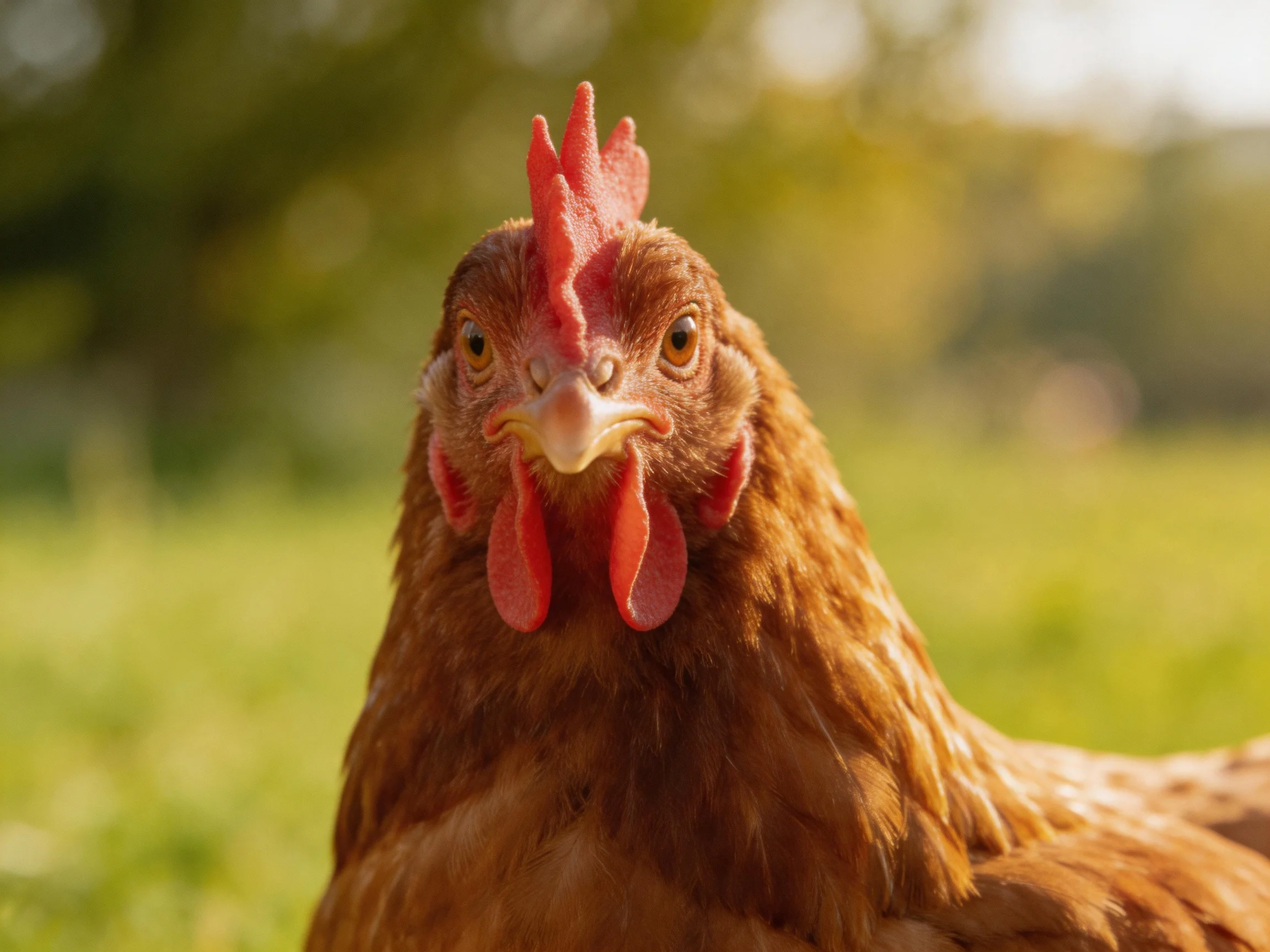 A close - up of a brown hen with vibrant red comb and wattles outdoors