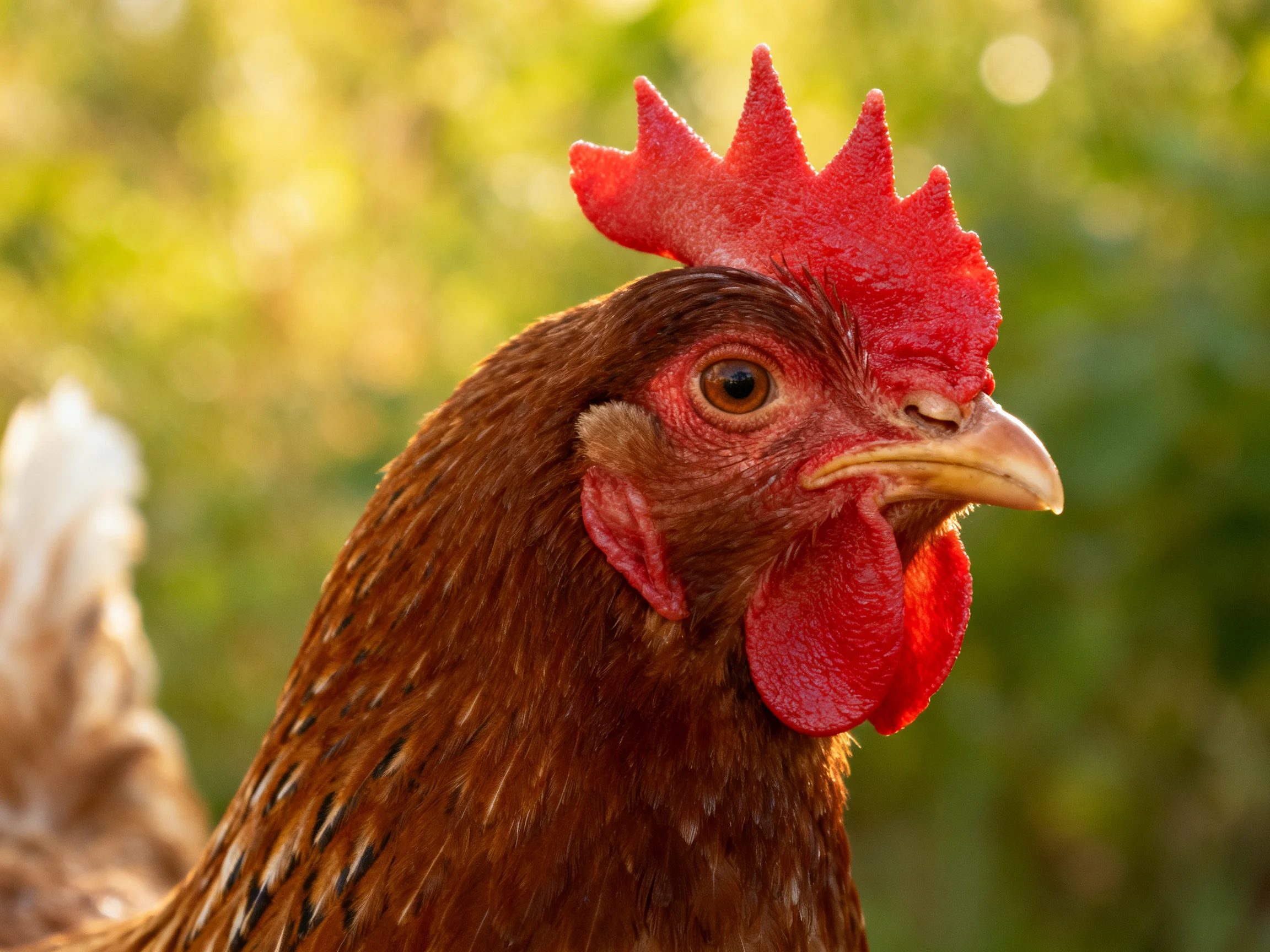 A close - up of a brown hen with vibrant red comb and wattles