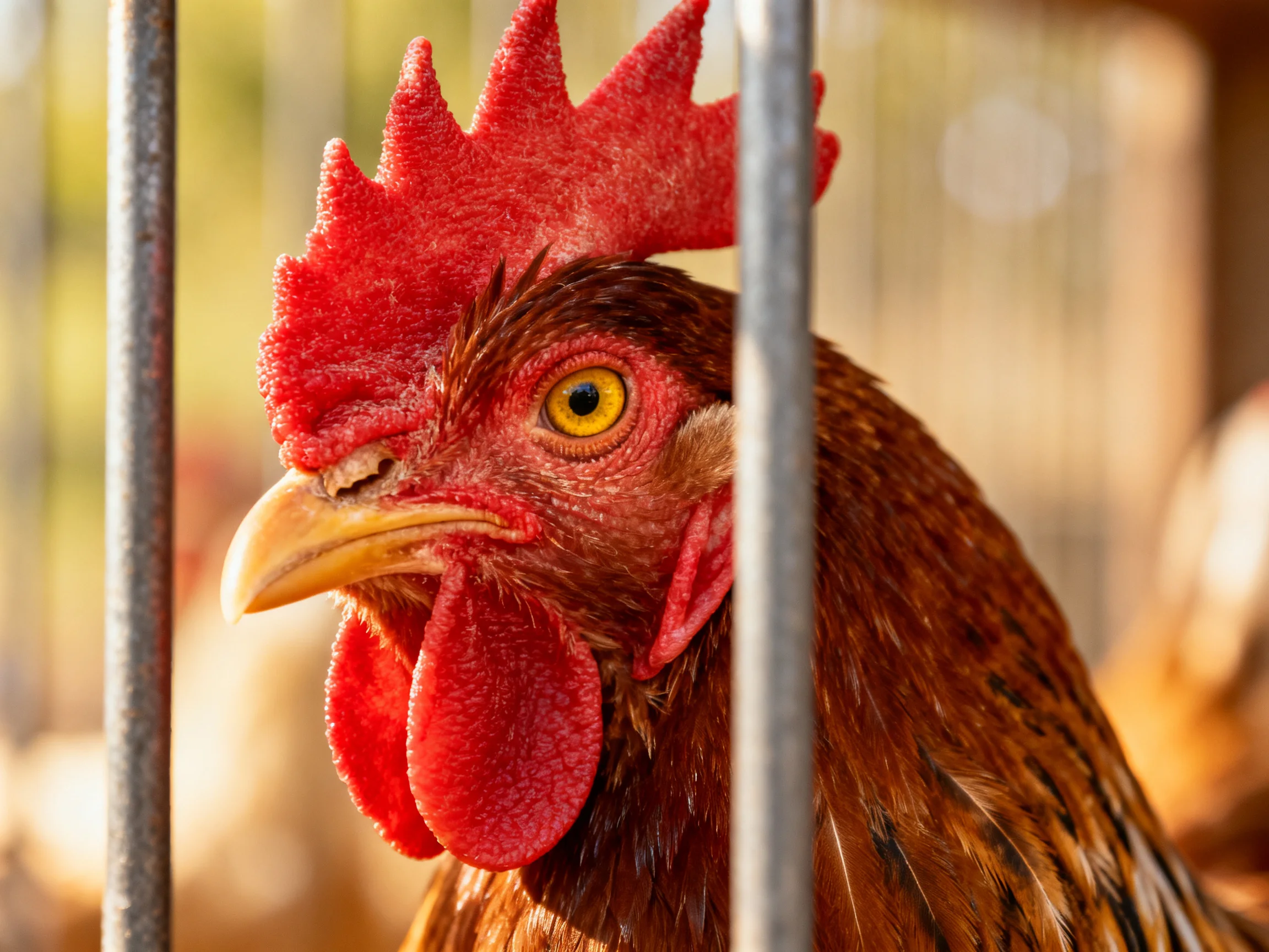 A close - up of a brown rooster with vibrant red comb behind metal bars
