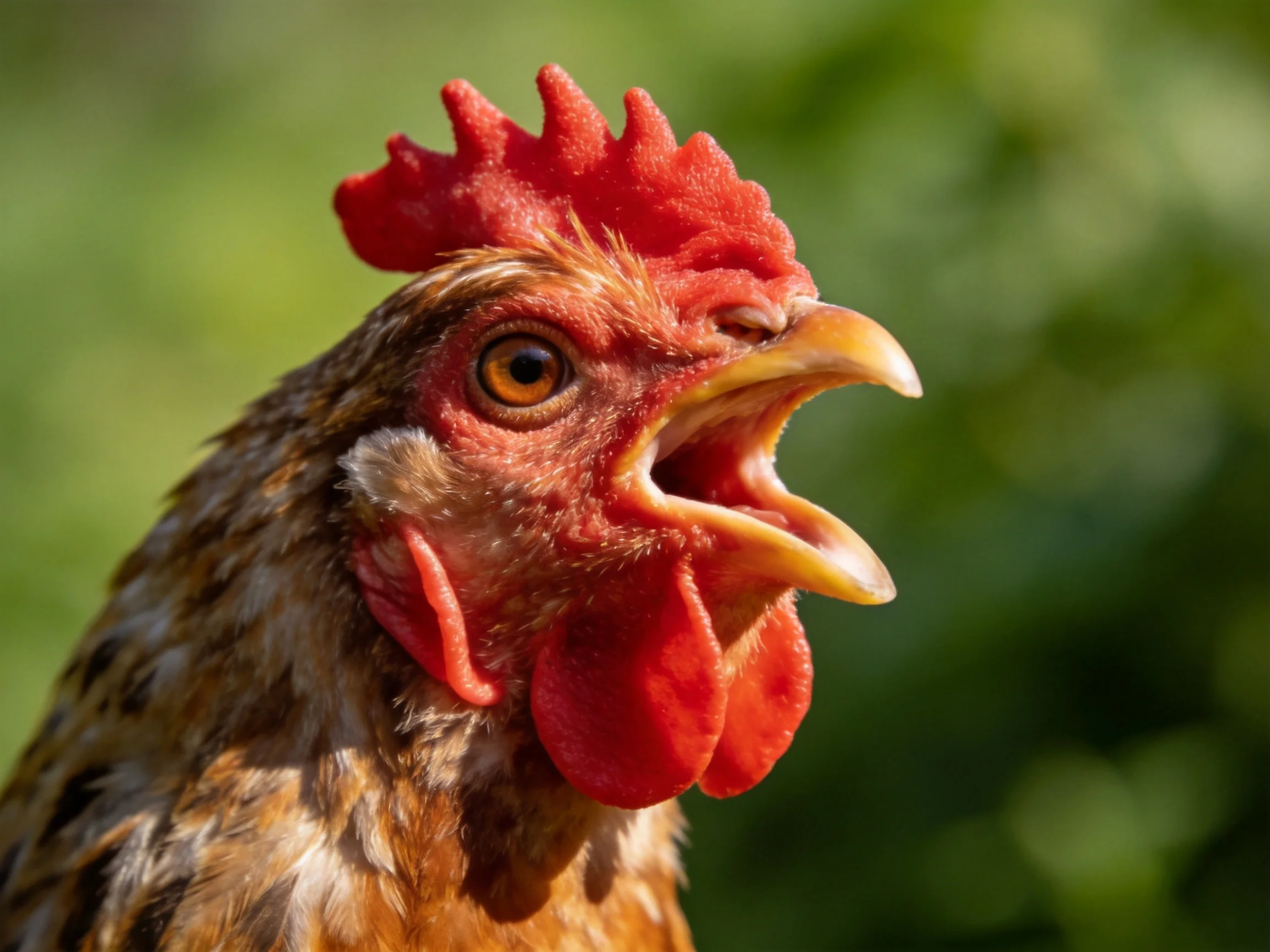 A close-up of a brown-speckled chicken with a bright red comb and open beak