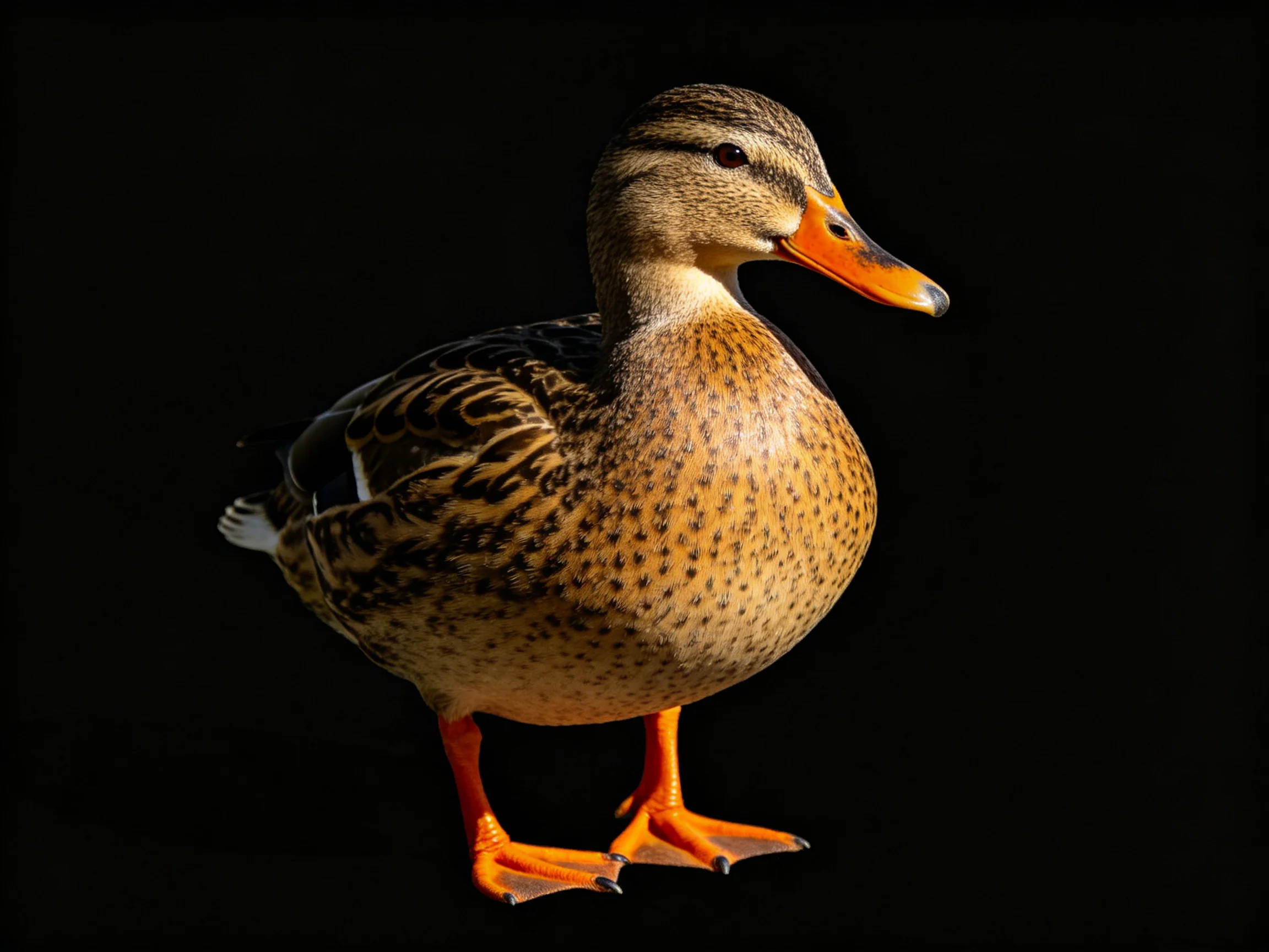 A close-up of a brown-speckled duck with an orange beak and feet
