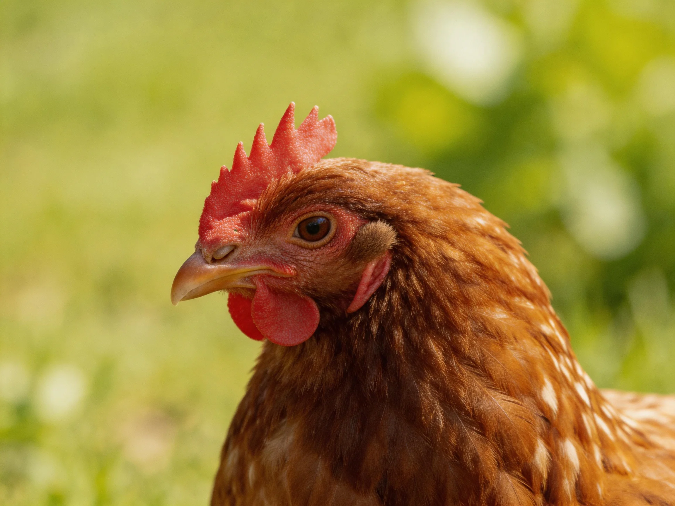 A close - up of a brown speckled hen with vibrant red comb outdoors